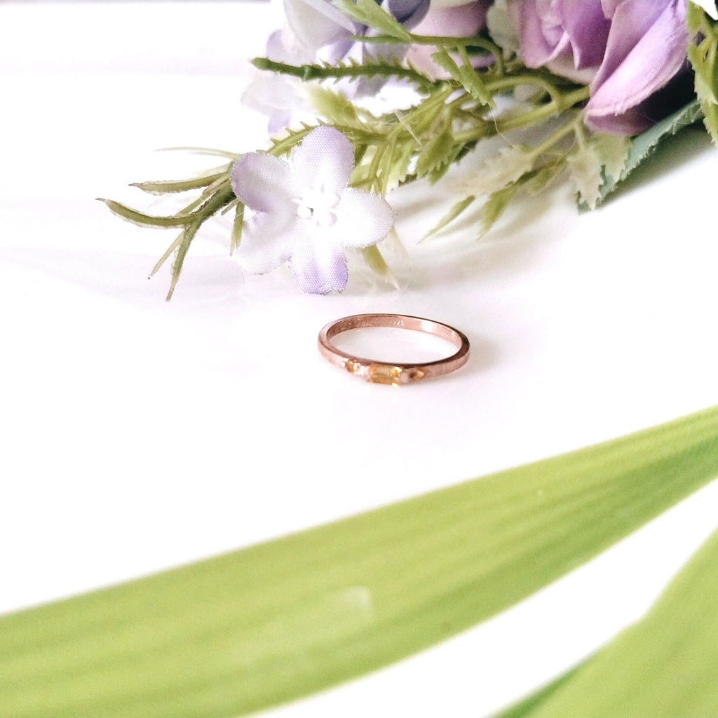 Yellow Topaz Baguette Rose Gold Ring, Minimalist Baguette Ring, Stacking Ring