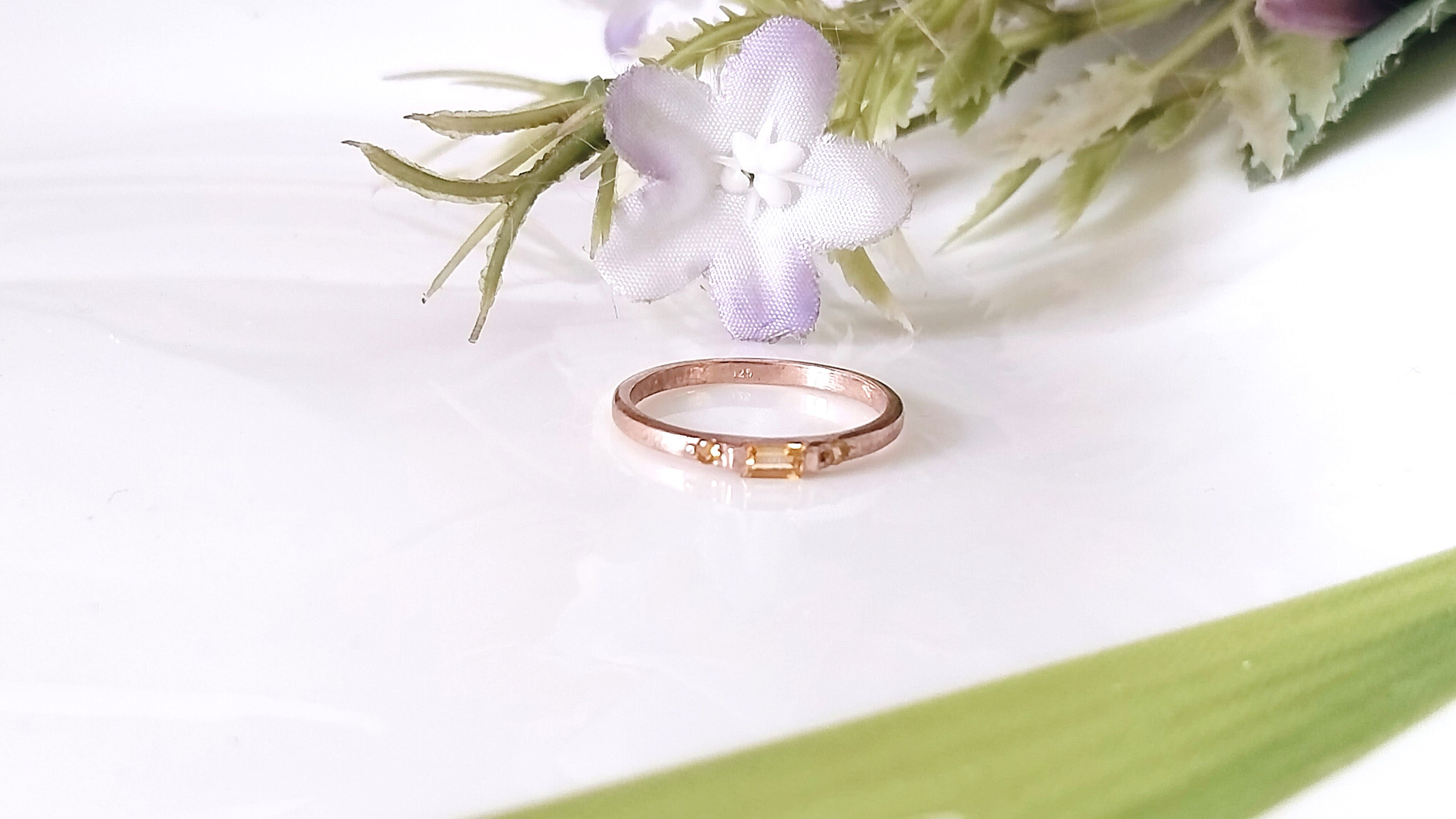 Yellow Topaz Baguette Rose Gold Ring, Minimalist Baguette Ring, Stacking Ring