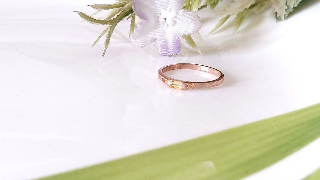 Yellow Topaz Baguette Rose Gold Ring, Minimalist Baguette Ring, Stacking Ring