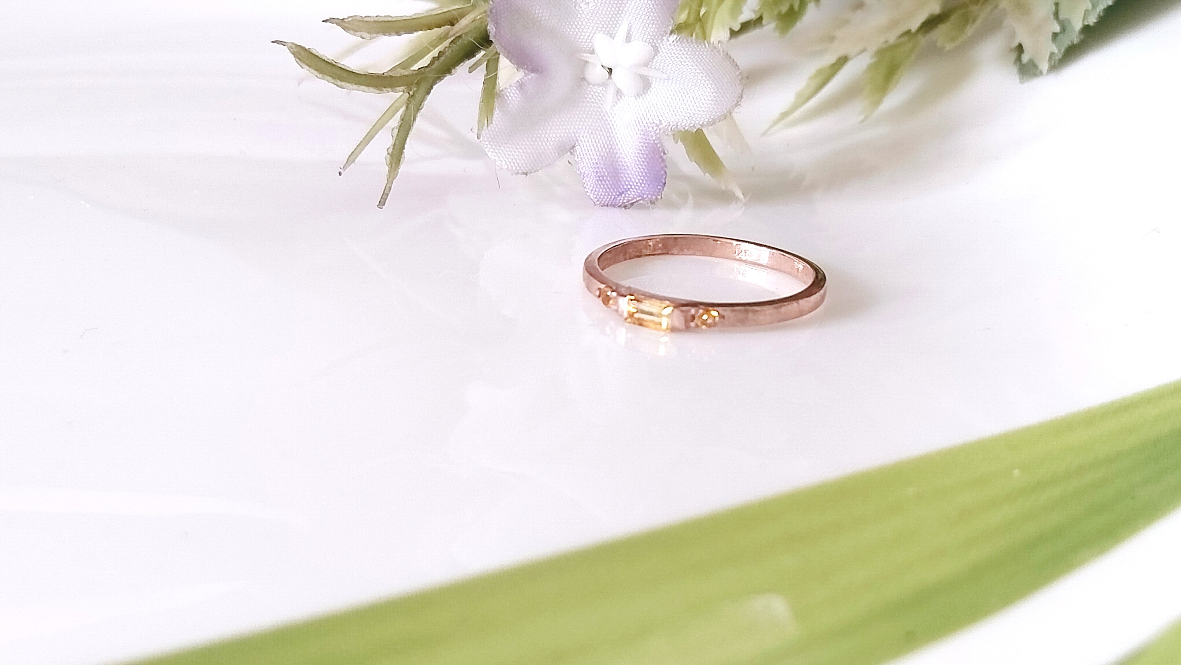 Yellow Topaz Baguette Rose Gold Ring, Minimalist Baguette Ring, Stacking Ring