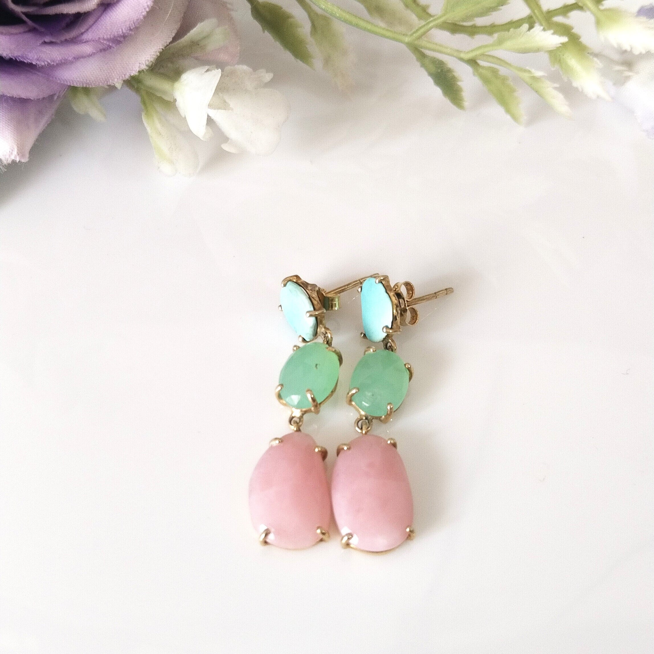 14k Gold Pink Opal Earrings, Minimalist 14k Gold Earrings, Gift For Her