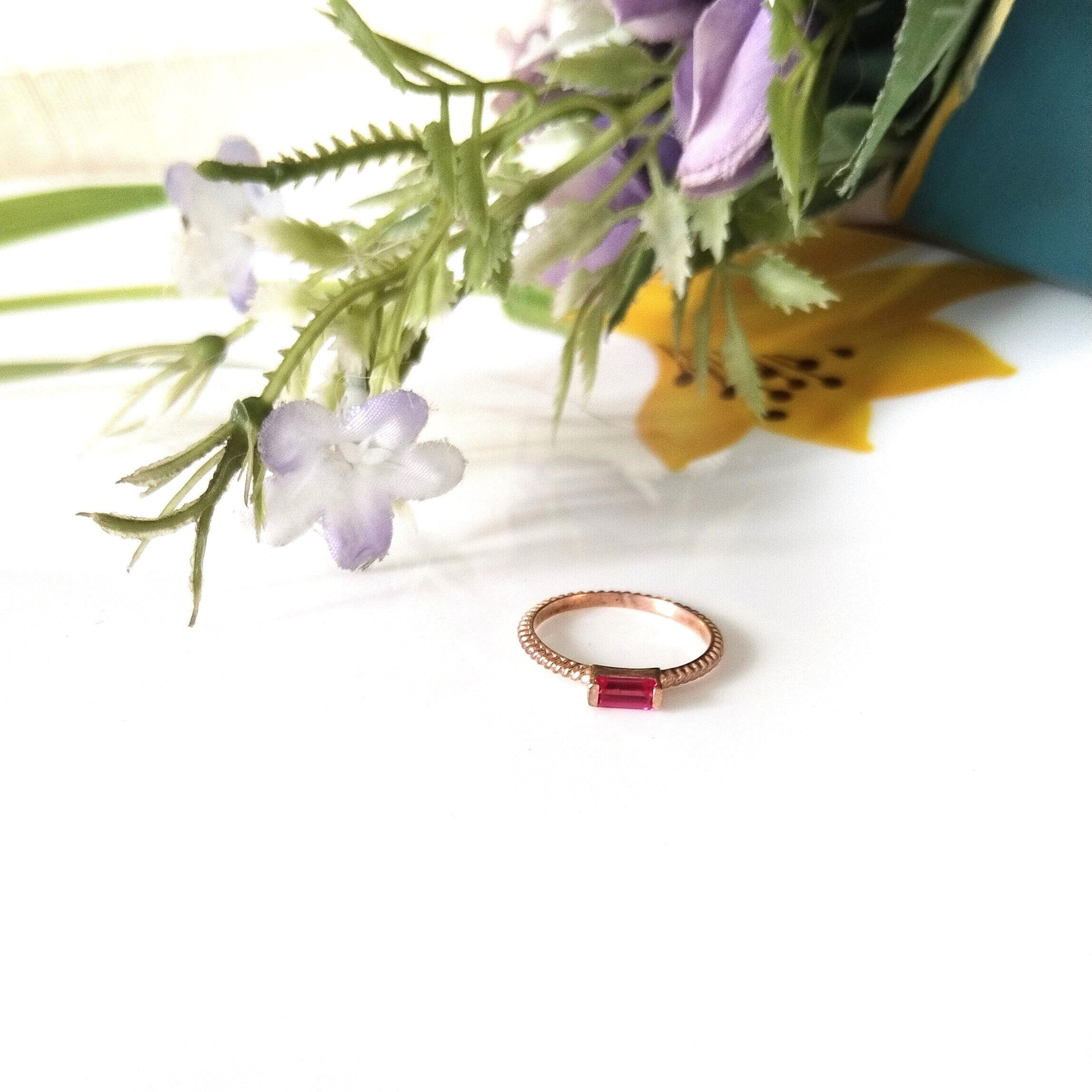 Ruby Baguette Rose Gold Ring, Dainty Ruby Ring, Personalized Gift