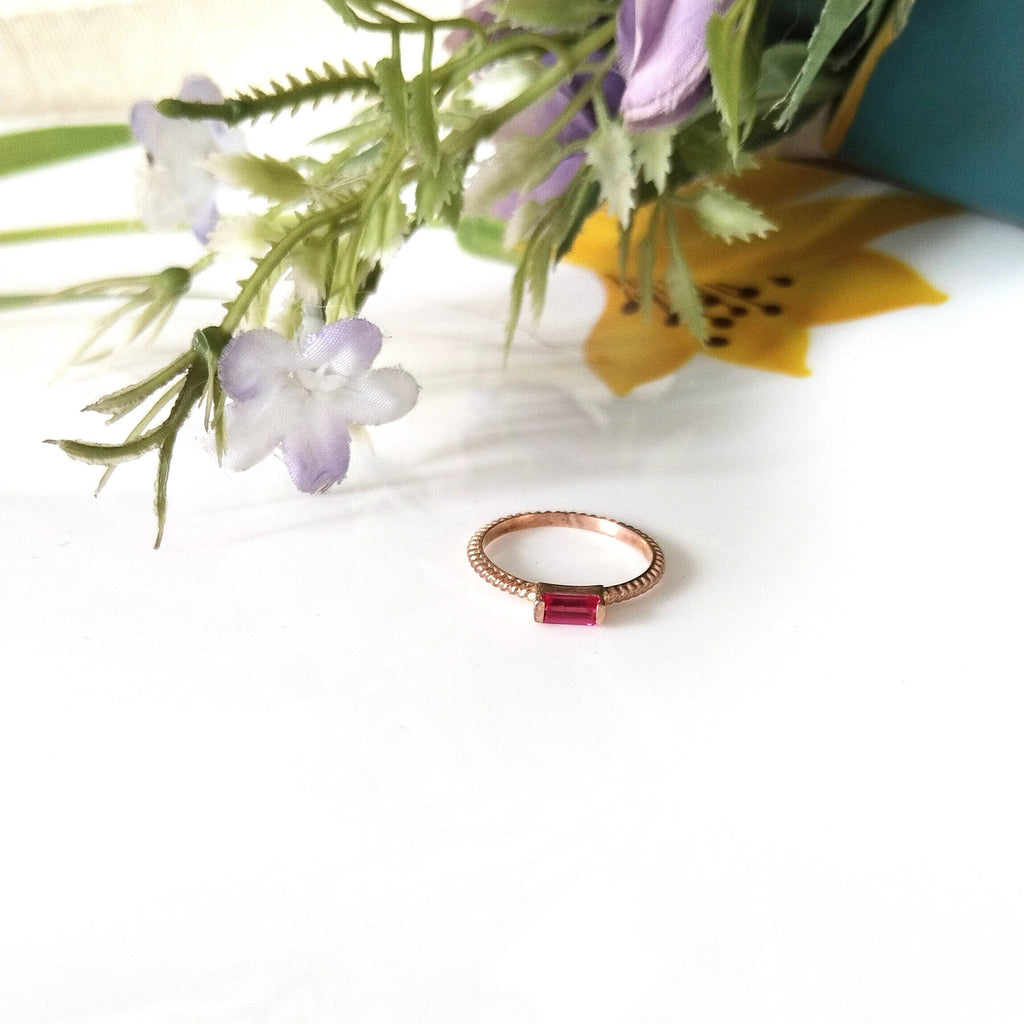 Ruby Baguette Rose Gold Ring, Dainty Ruby Ring, Personalized Gift