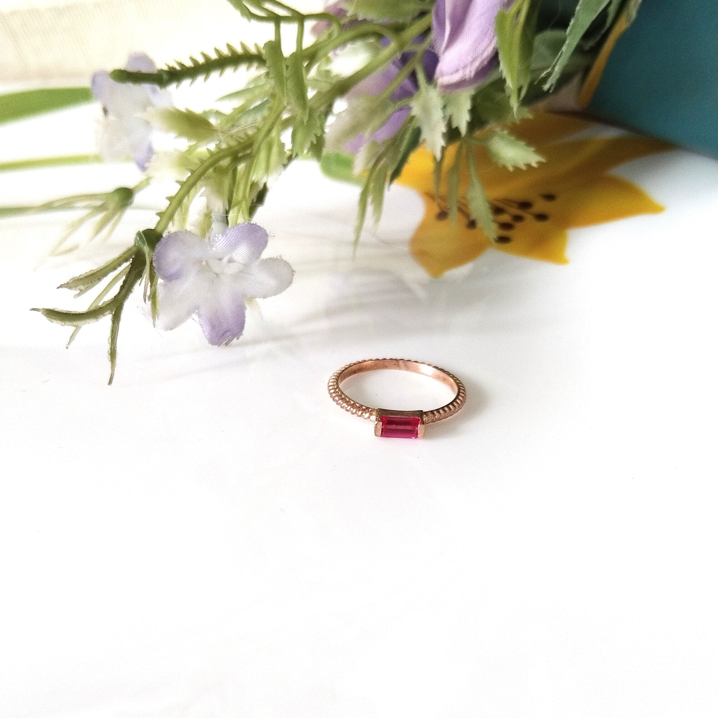 Ruby Baguette Rose Gold Ring, Dainty Ruby Ring, Personalized Gift