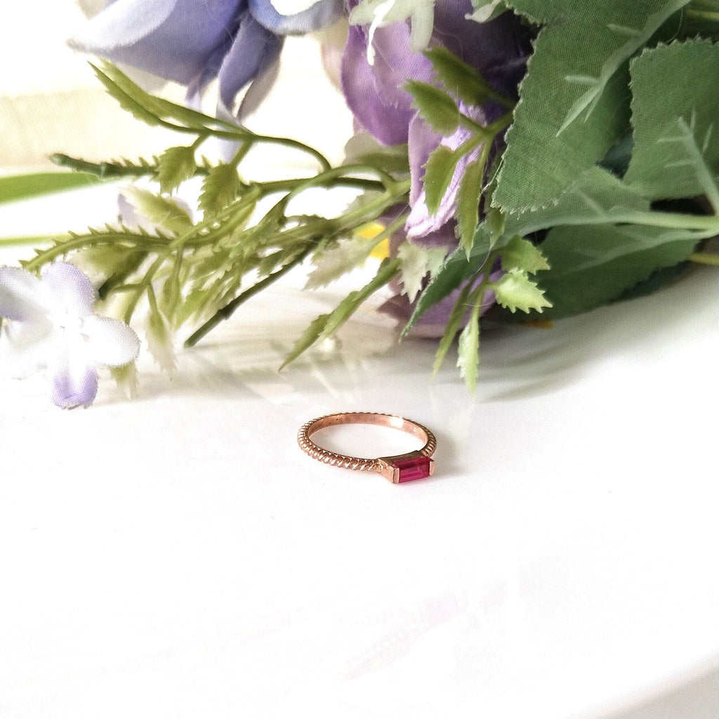 Ruby Baguette Rose Gold Ring, Dainty Ruby Ring, Personalized Gift