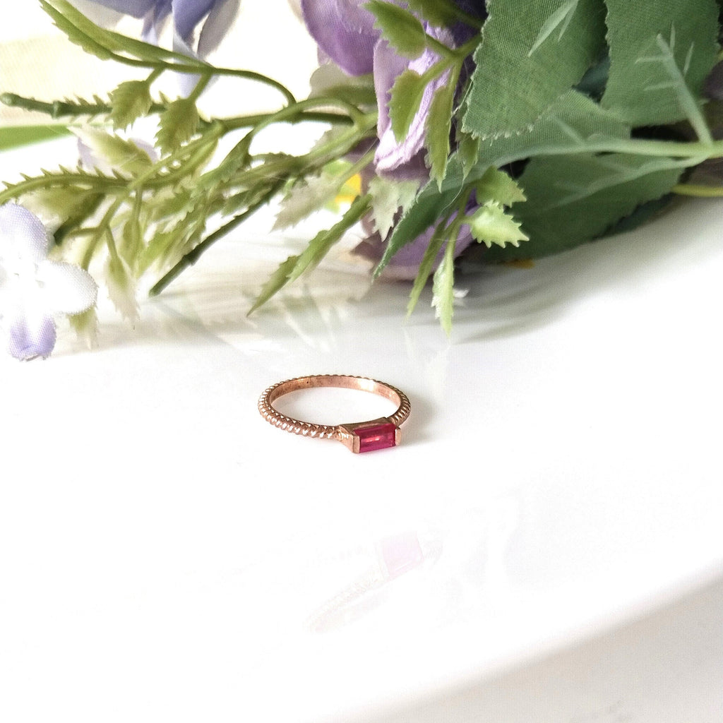 Ruby Baguette Rose Gold Ring, Dainty Ruby Ring, Personalized Gift