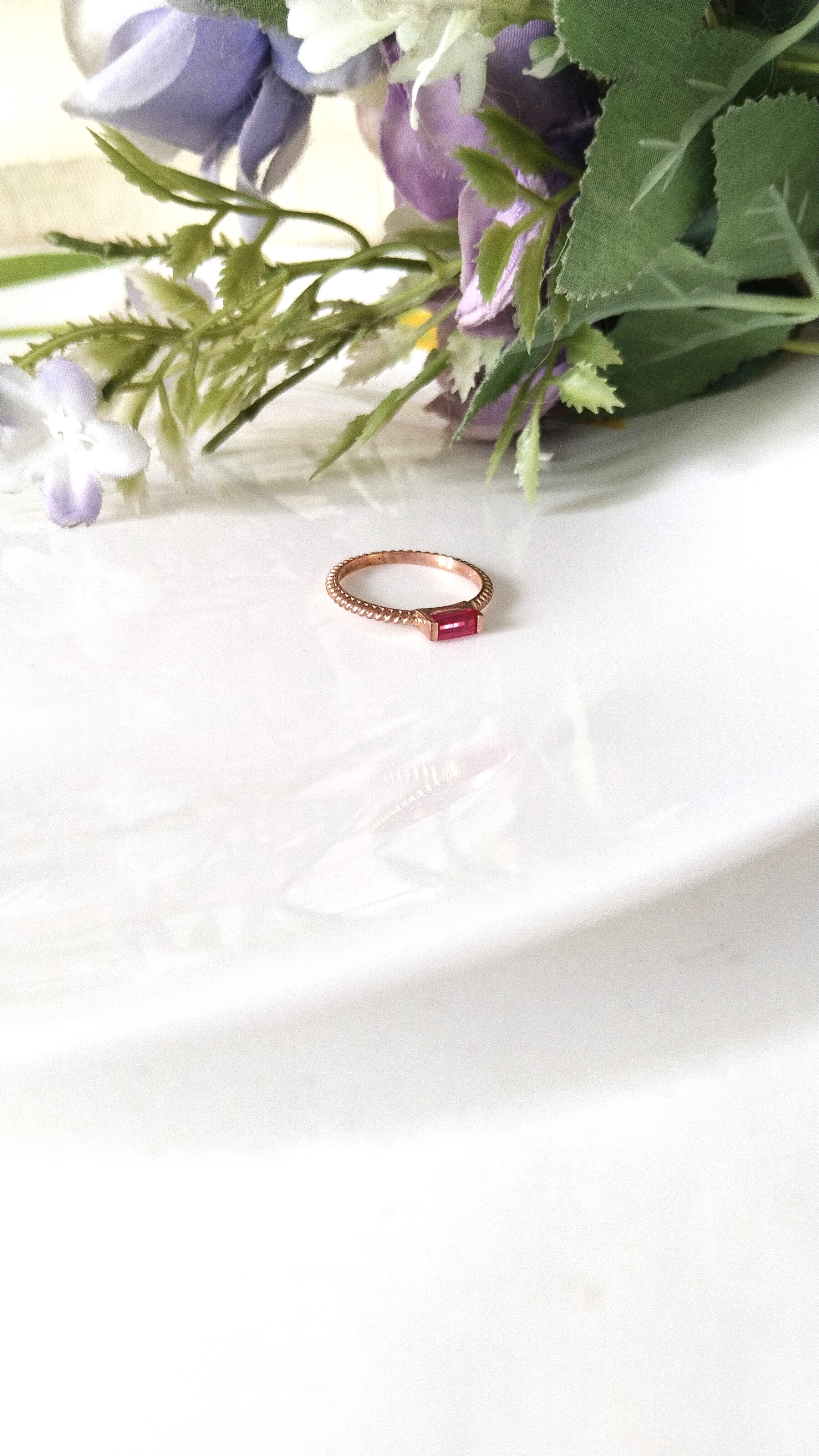 Ruby Baguette Rose Gold Ring, Dainty Ruby Ring, Personalized Gift