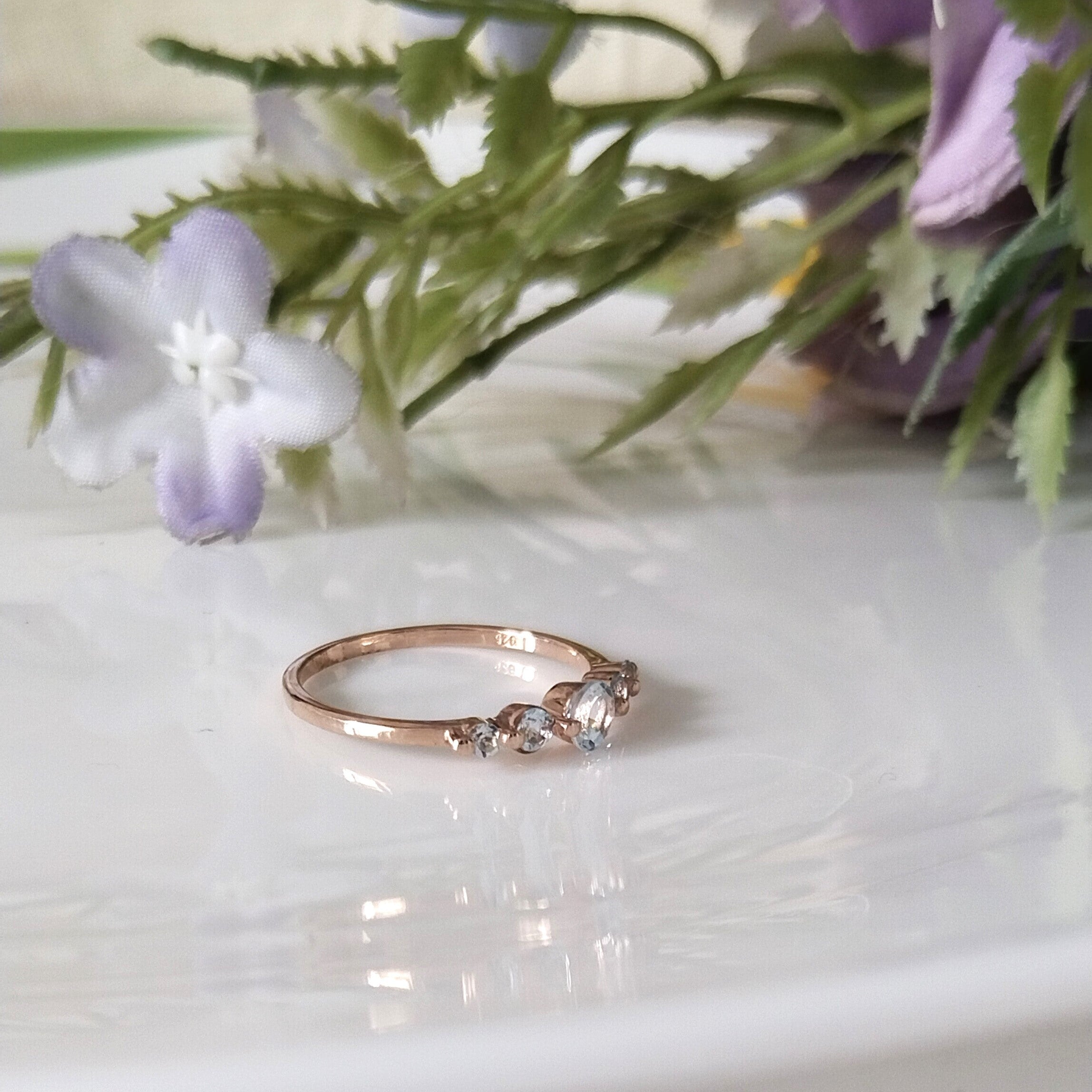 Aquamarine 14k Rose Gold Ring, Dainty Stone Ring, Stacking Rings, Personalized Gift
