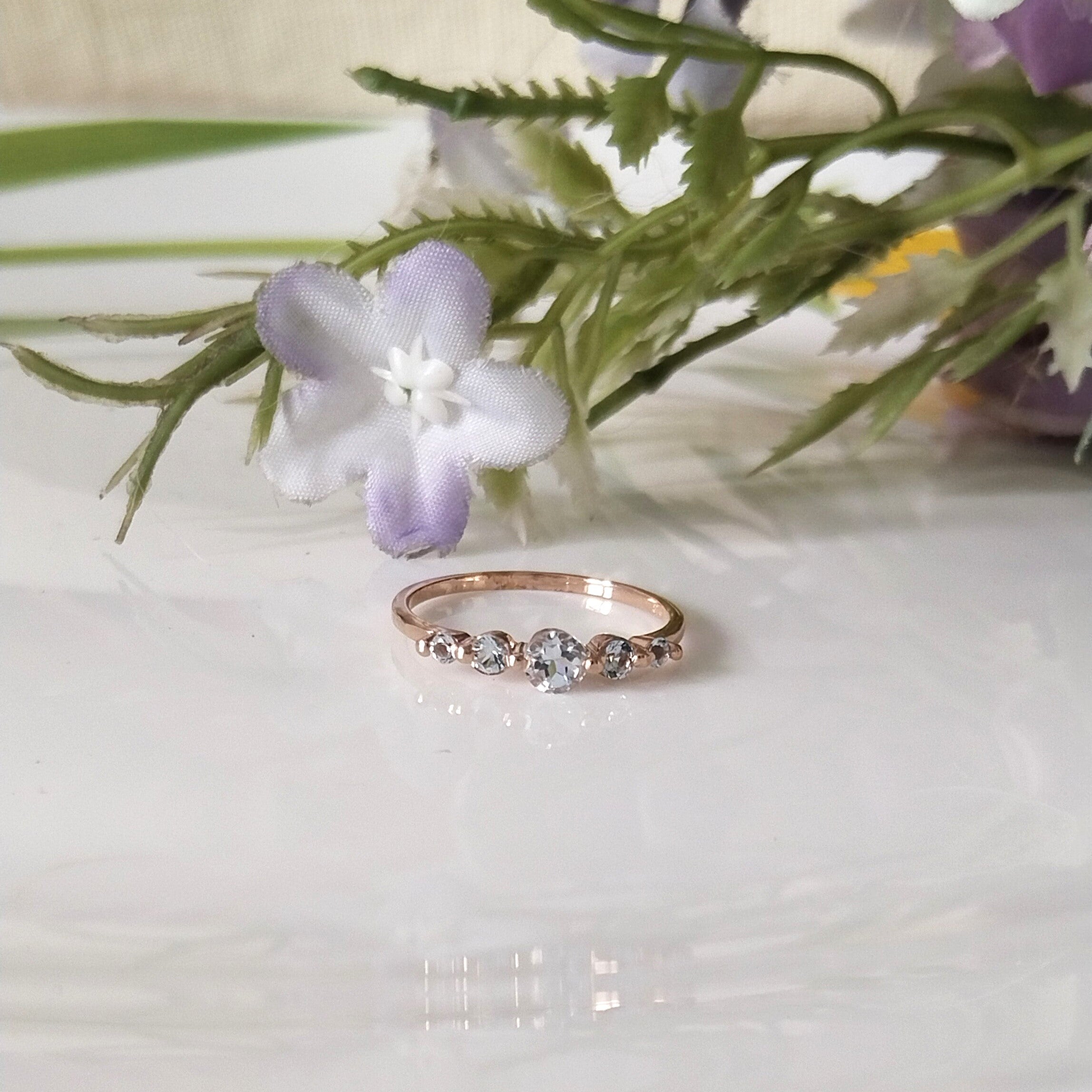 Aquamarine 14k Rose Gold Ring, Dainty Stone Ring, Stacking Rings, Personalized Gift