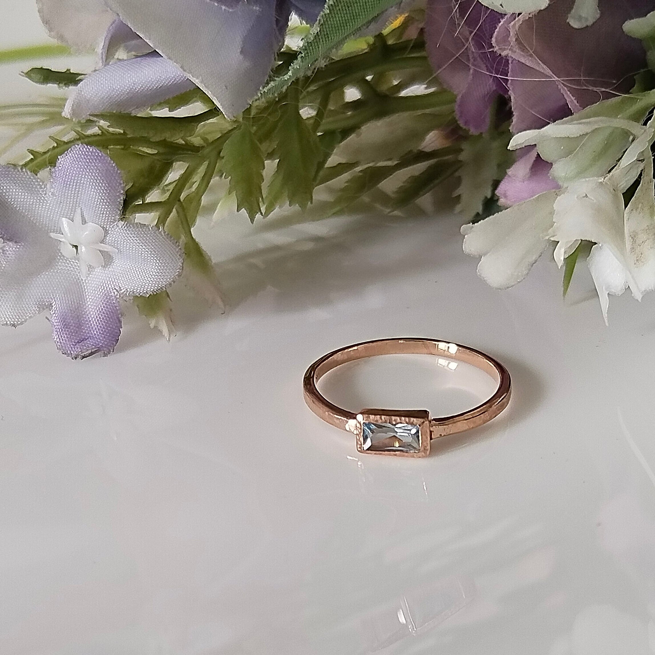 Blue Topaz 14k Rose Gold Ring, Minimalist Stone Ring, Personalized Ring