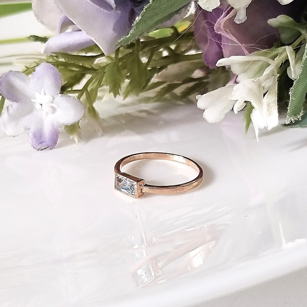 Blue Topaz 14k Rose Gold Ring, Minimalist Stone Ring, Personalized Ring