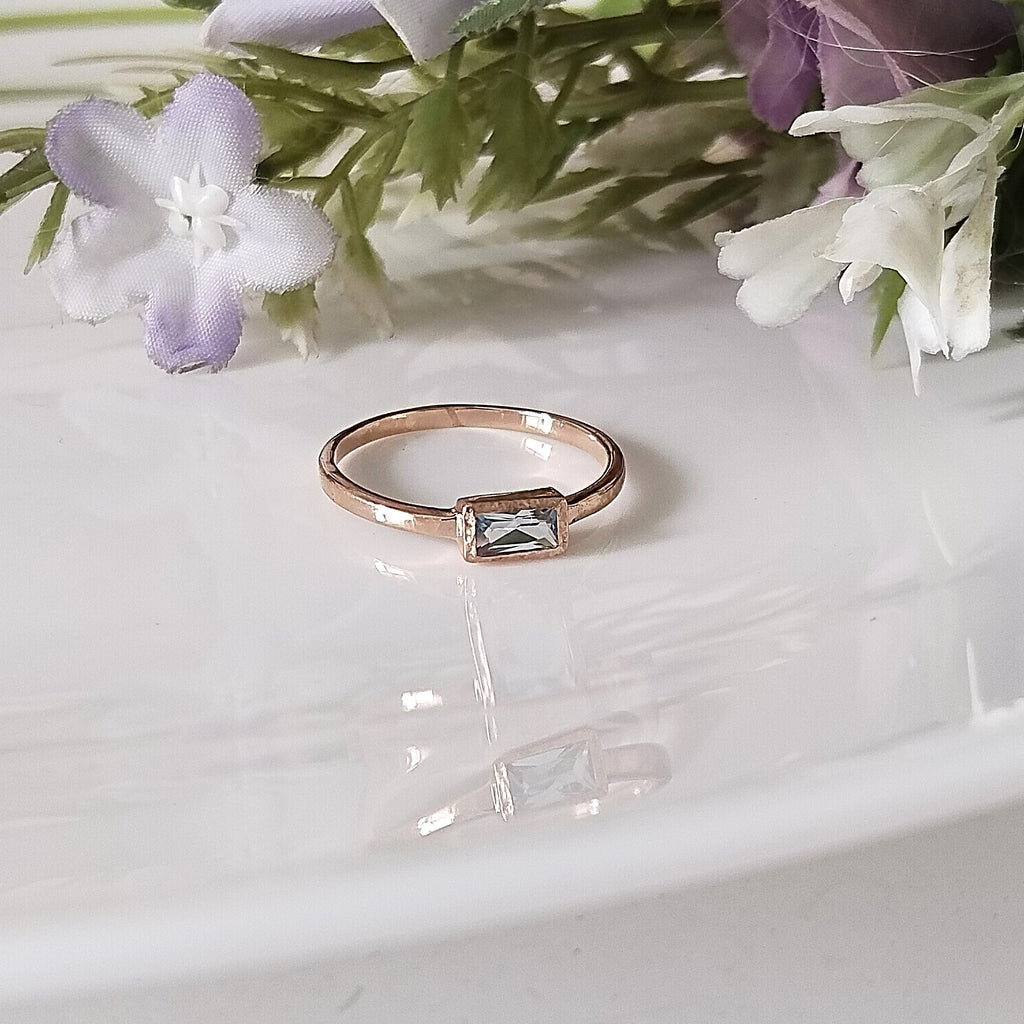 Blue Topaz 14k Rose Gold Ring, Minimalist Stone Ring, Personalized Ring