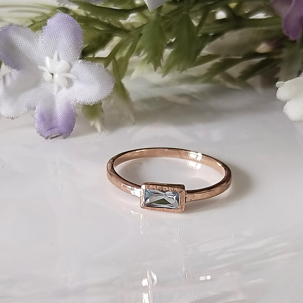 Blue Topaz 14k Rose Gold Ring, Minimalist Stone Ring, Personalized Ring