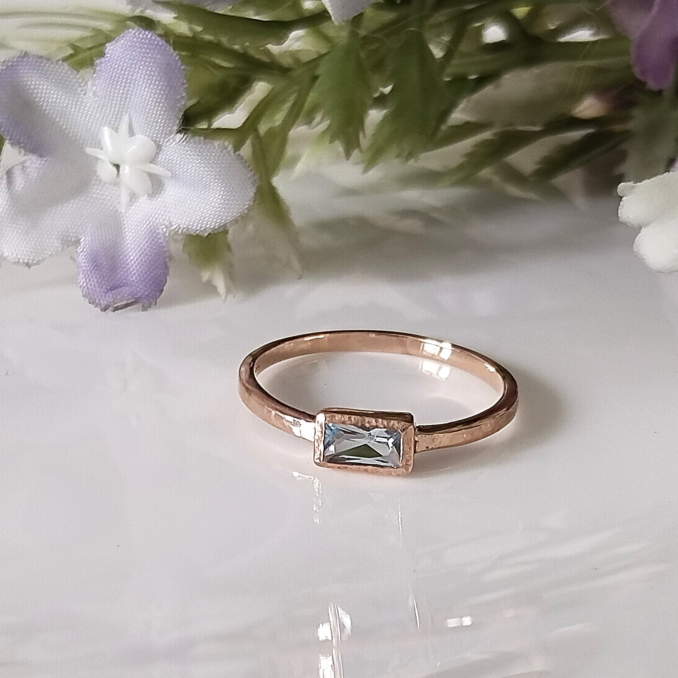 Blue Topaz 14k Rose Gold Ring, Minimalist Stone Ring, Personalized Ring