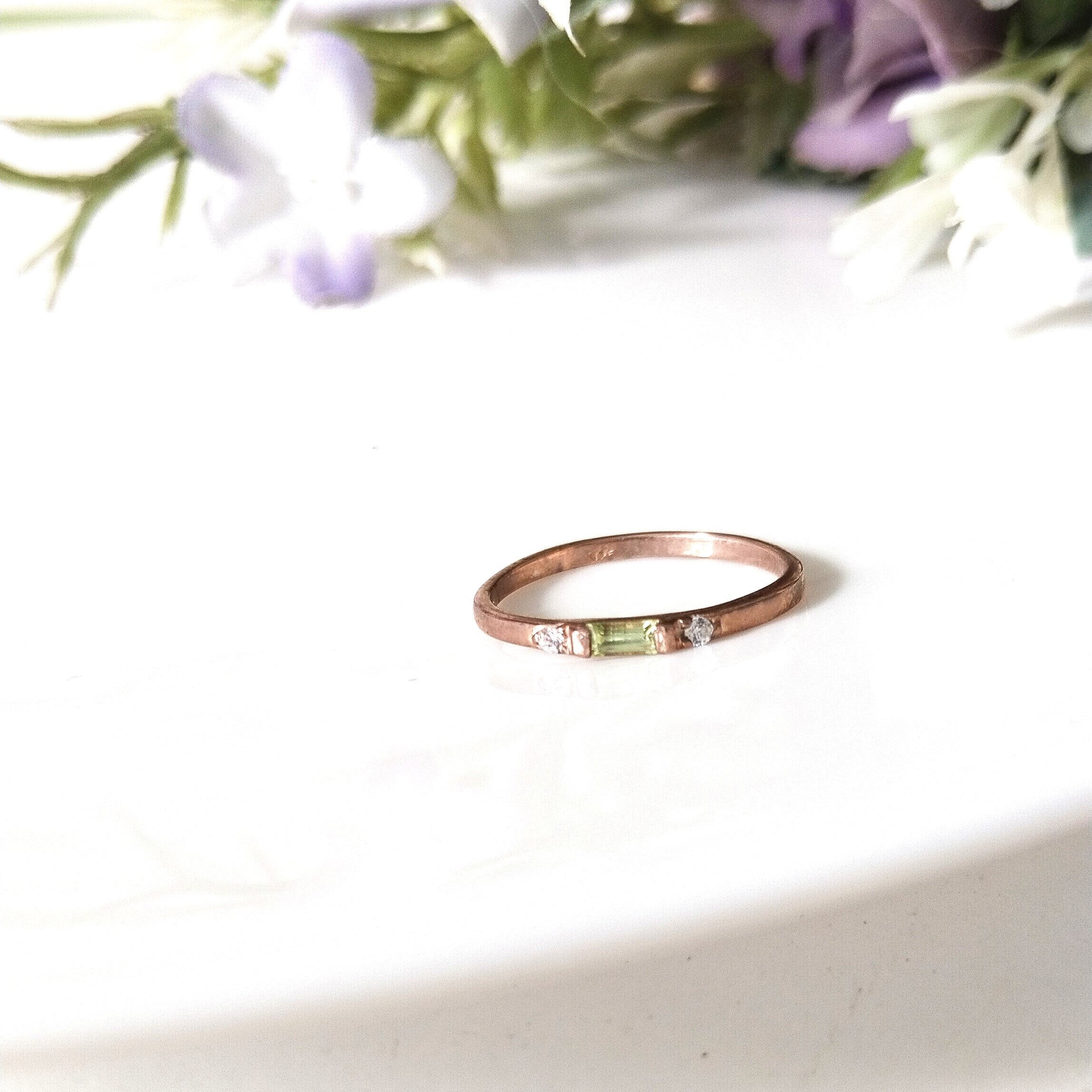 Peridot baguette 14k rose gold ring, dainty peridot ring, personalized gift, anniversary ring, gift for her