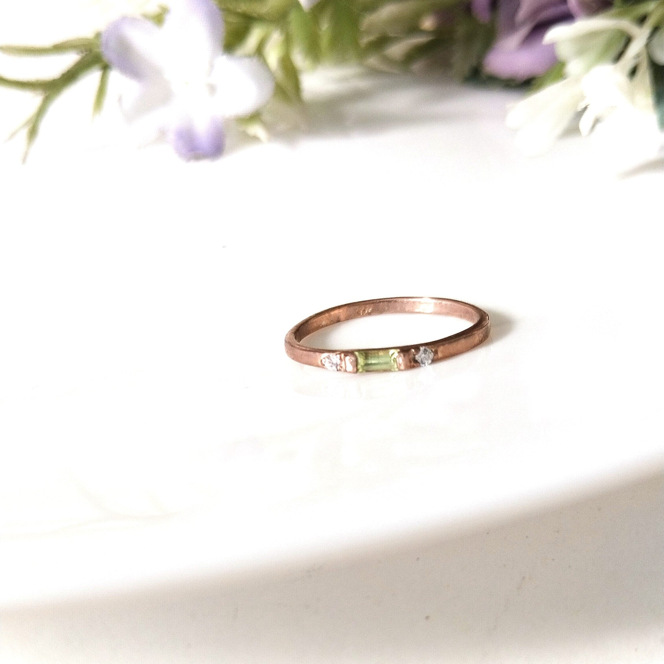 Peridot baguette 14k rose gold ring, dainty peridot ring, personalized gift, anniversary ring, gift for her