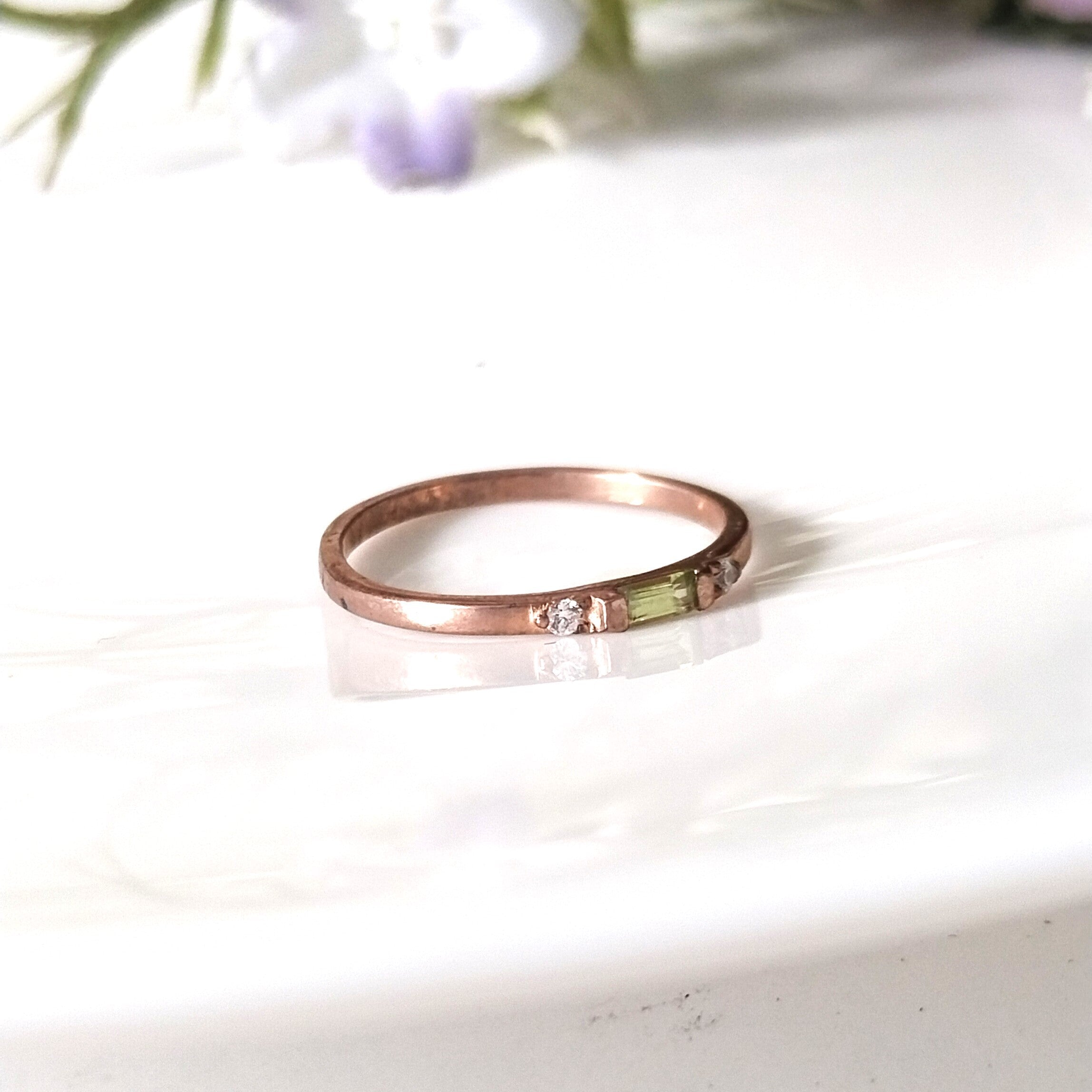 Peridot baguette 14k rose gold ring, dainty peridot ring, personalized gift, anniversary ring, gift for her