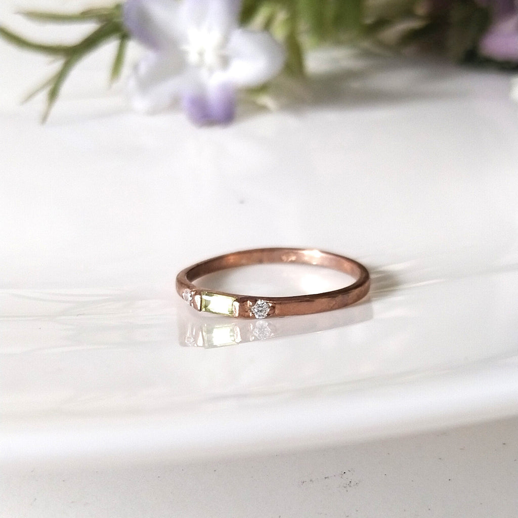 Peridot baguette 14k rose gold ring, dainty peridot ring, personalized gift, anniversary ring, gift for her