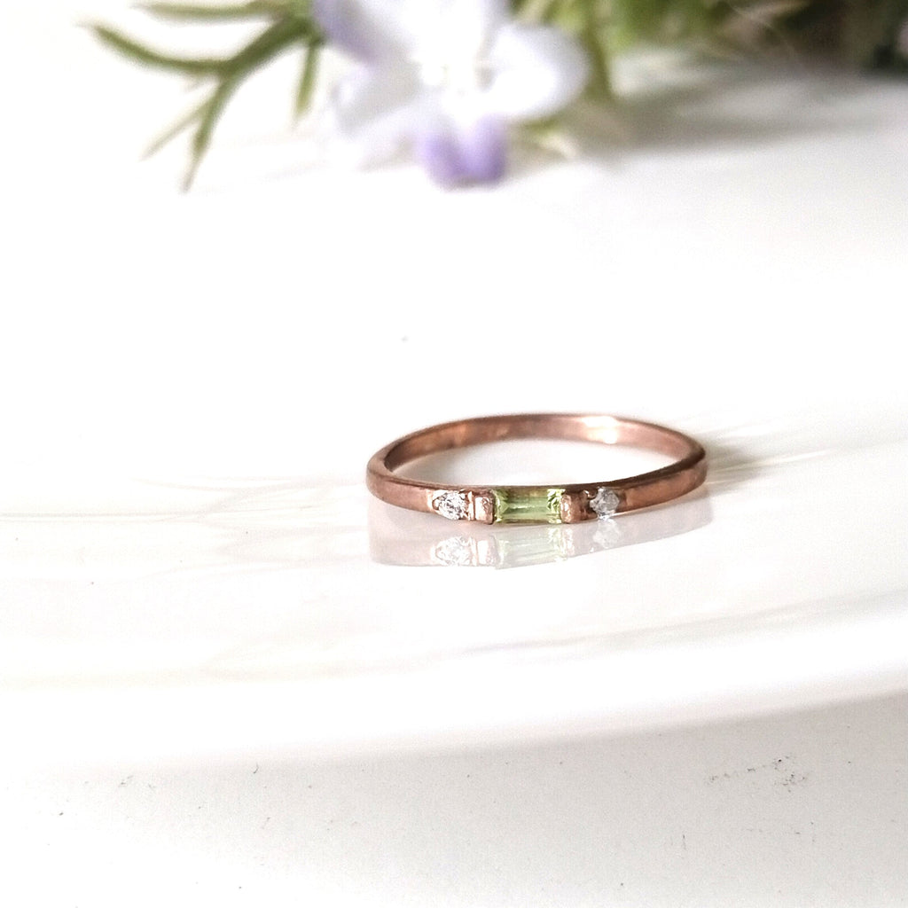 Peridot baguette 14k rose gold ring, dainty peridot ring, personalized gift, anniversary ring, gift for her
