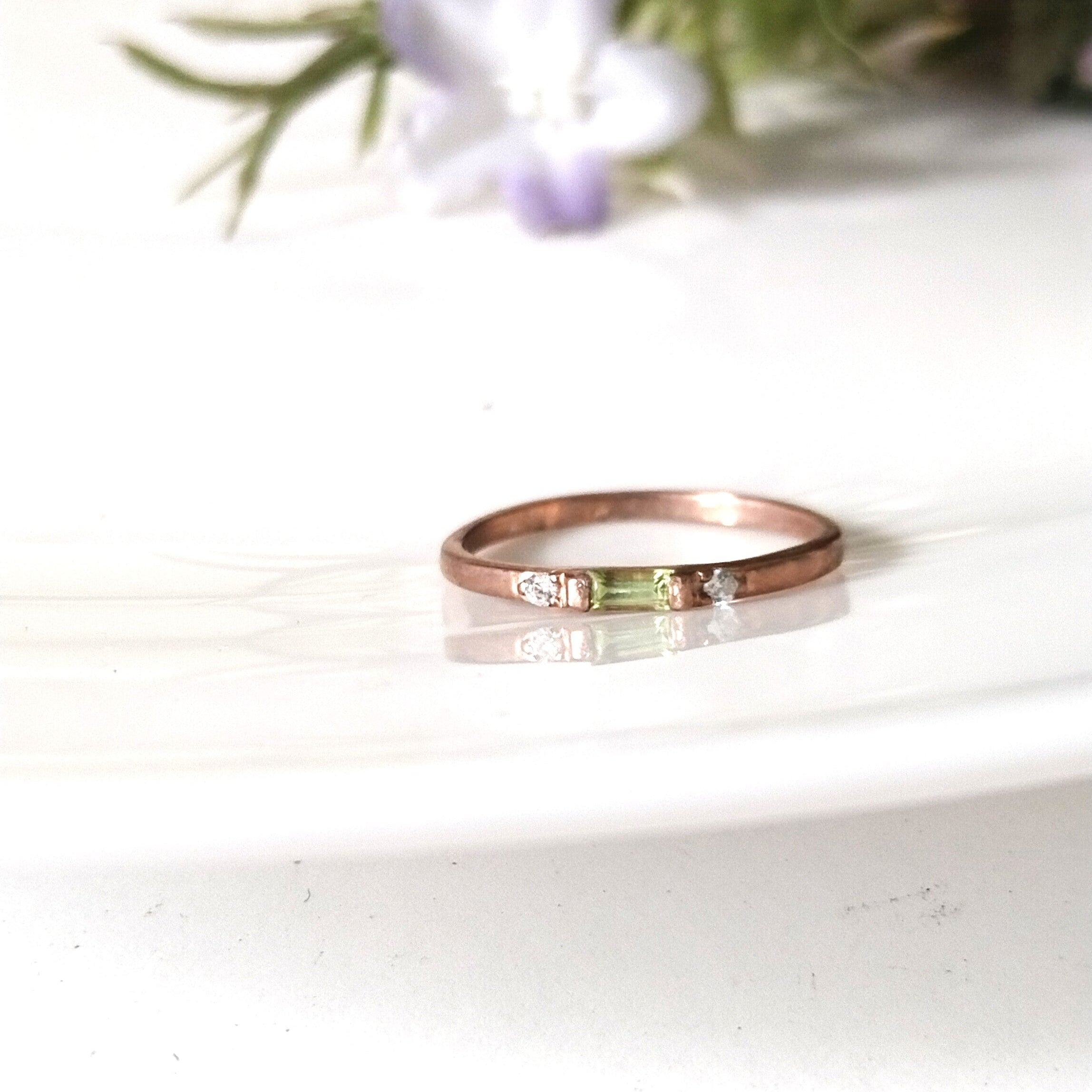 Peridot baguette 14k rose gold ring, dainty peridot ring, personalized gift, anniversary ring, gift for her