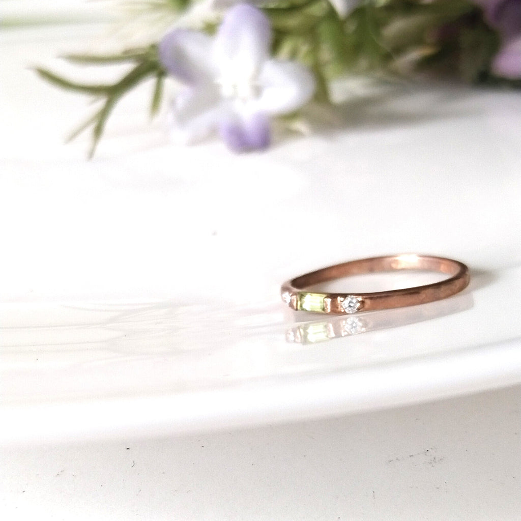 Peridot baguette 14k rose gold ring, dainty peridot ring, personalized gift, anniversary ring, gift for her