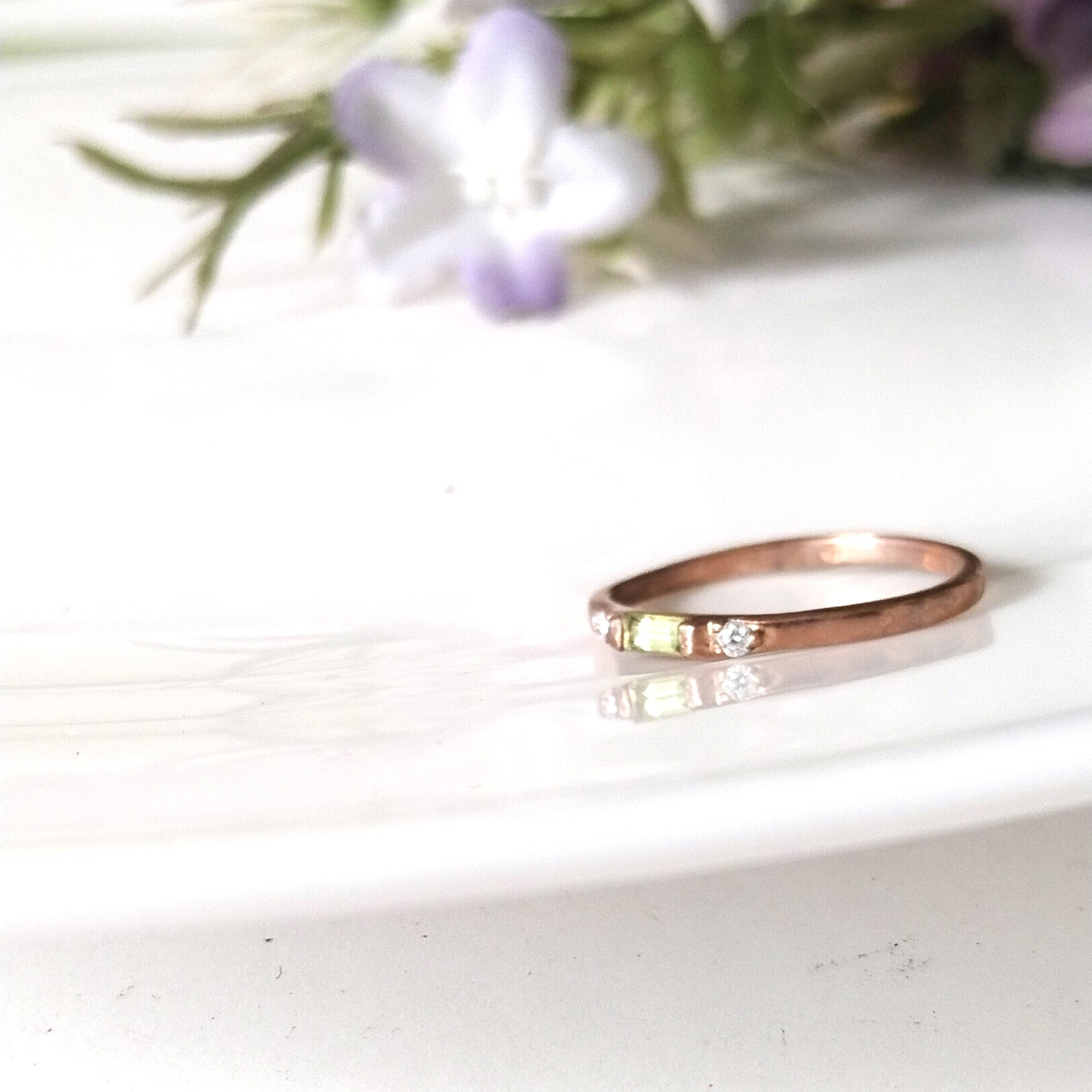 Peridot baguette 14k rose gold ring, dainty peridot ring, personalized gift, anniversary ring, gift for her