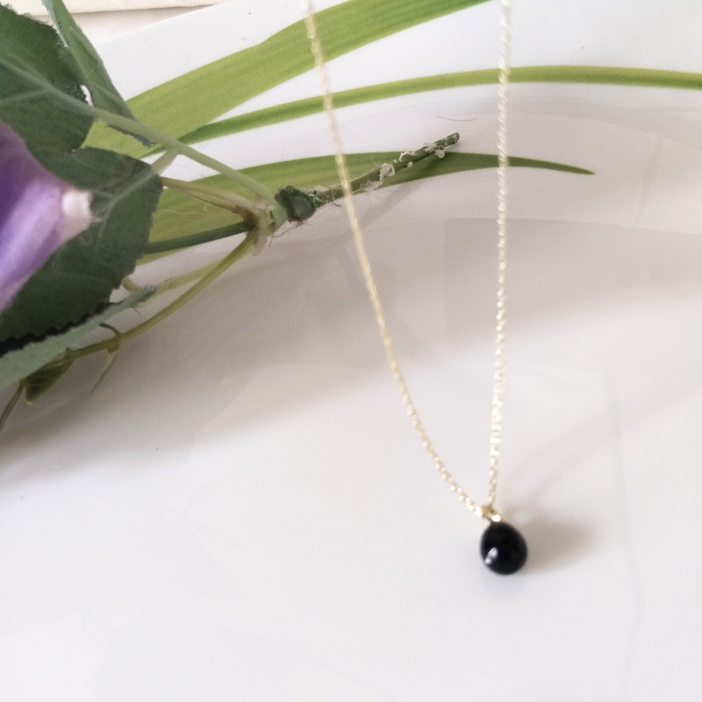Black Obsidian 14k Gold Necklace, Dainty Stone Necklace, Minimalist Necklace