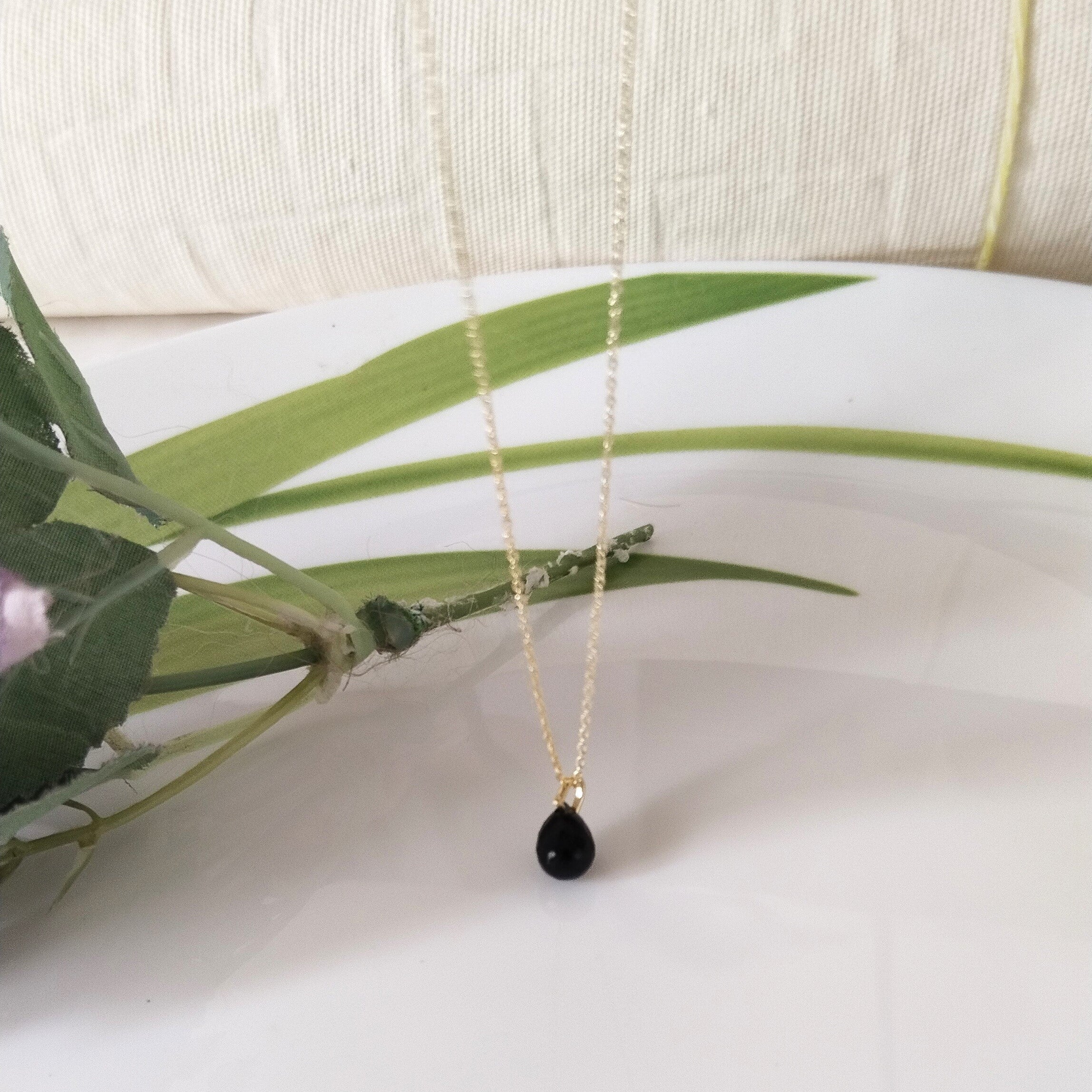 Black Obsidian 14k Gold Necklace, Dainty Stone Necklace, Minimalist Necklace