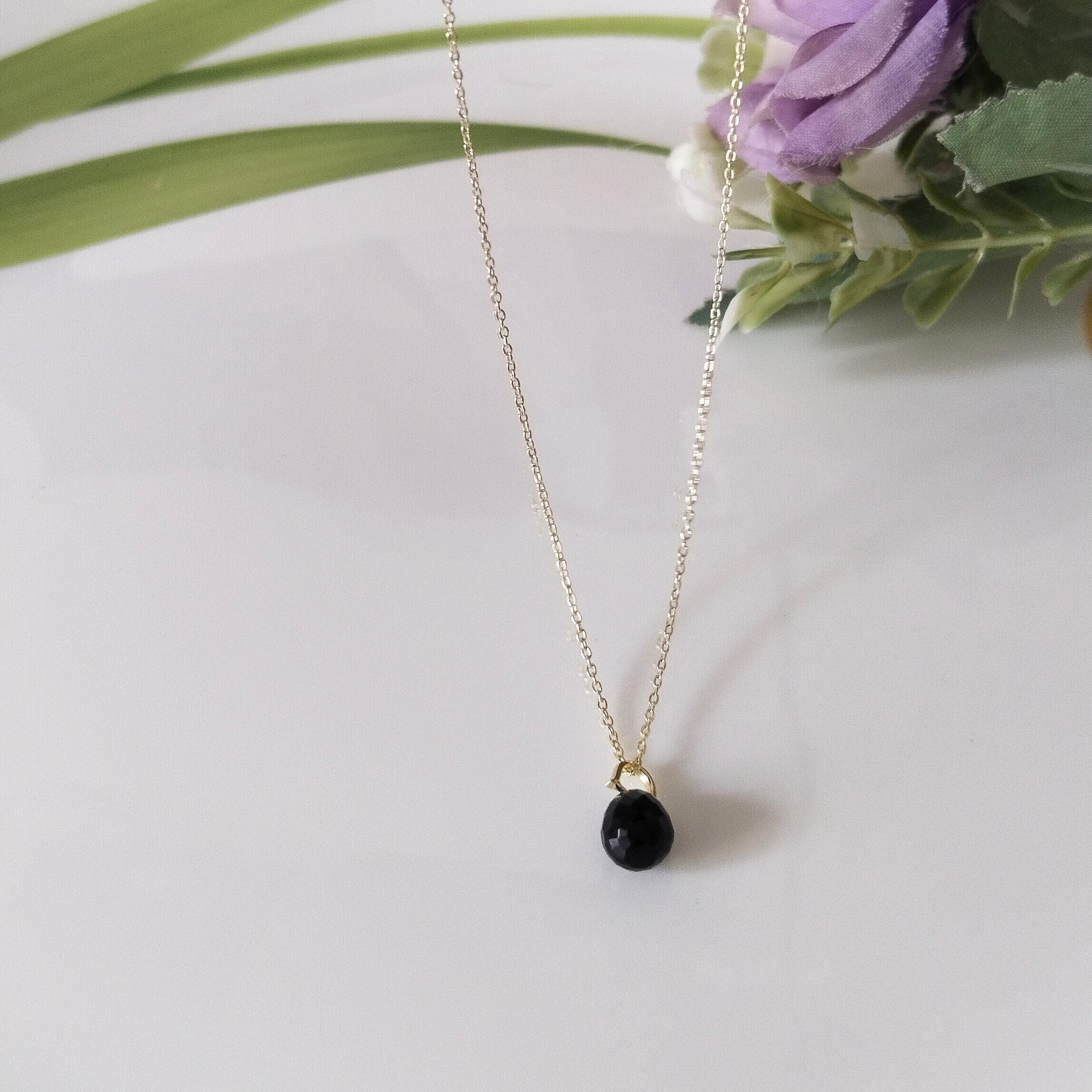 Black Obsidian 14k Gold Necklace, Dainty Stone Necklace, Minimalist Necklace