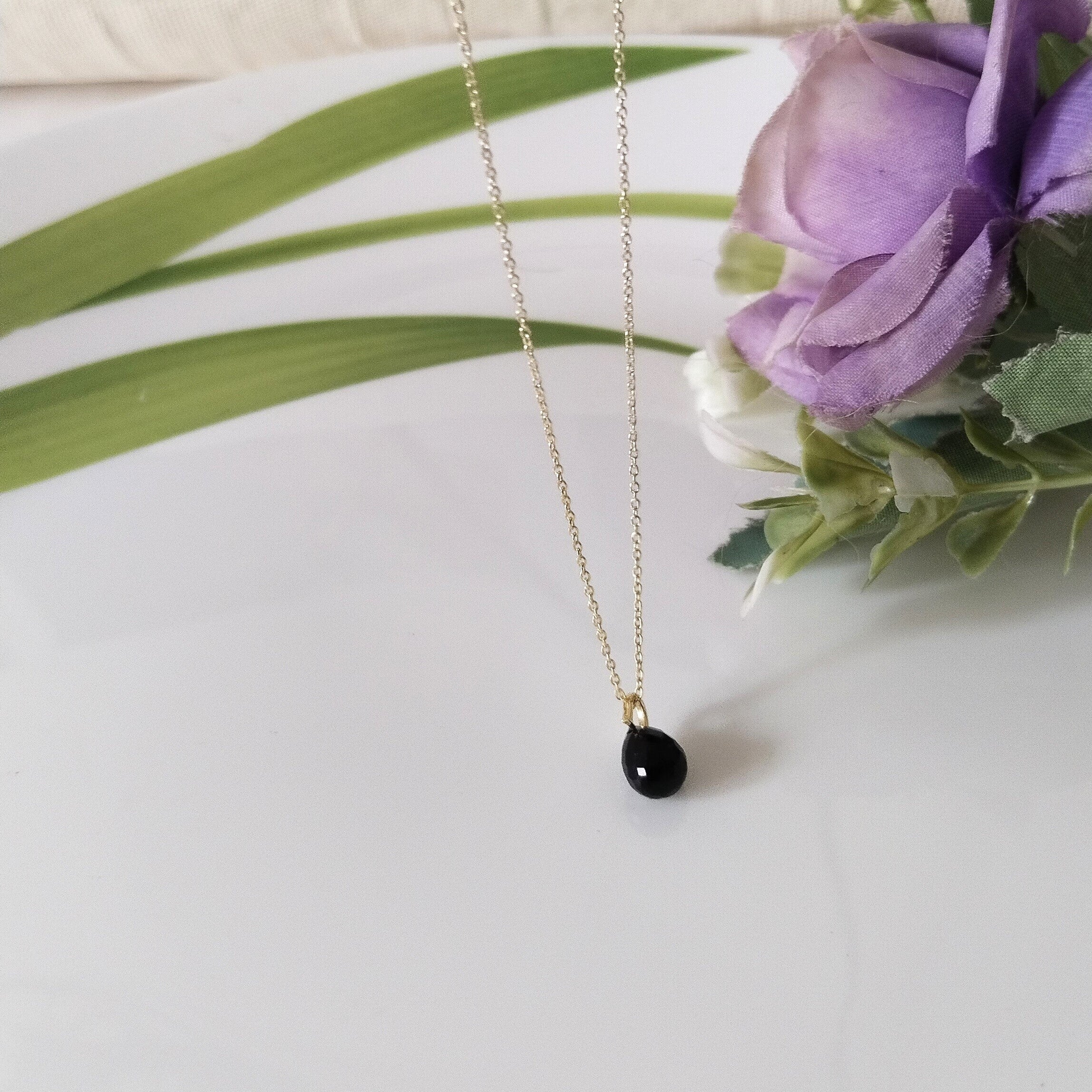 Black Obsidian 14k Gold Necklace, Dainty Stone Necklace, Minimalist Necklace