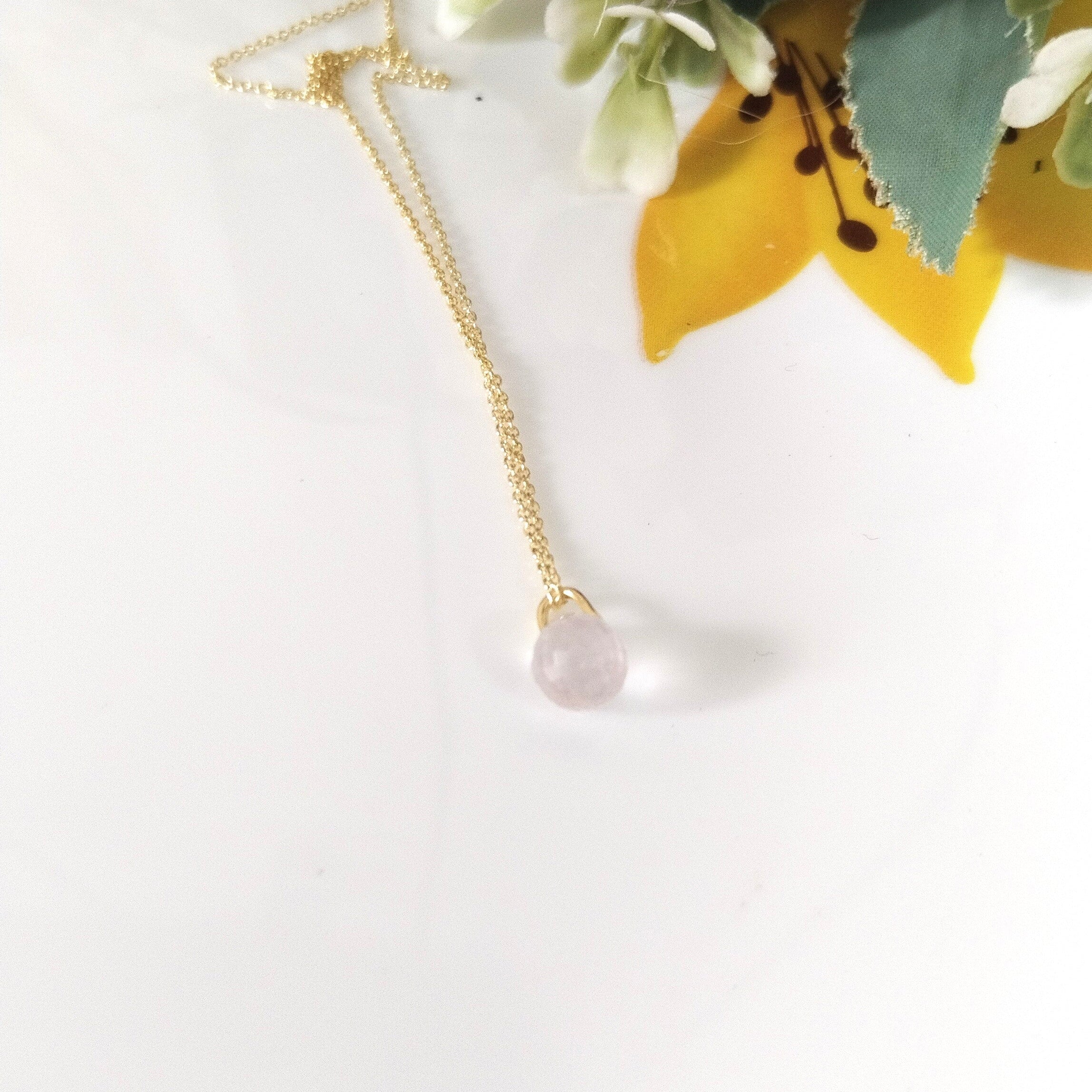 Rose Quartz 14k Gold Necklace, Minimalist Stone Necklace, Gift For Her