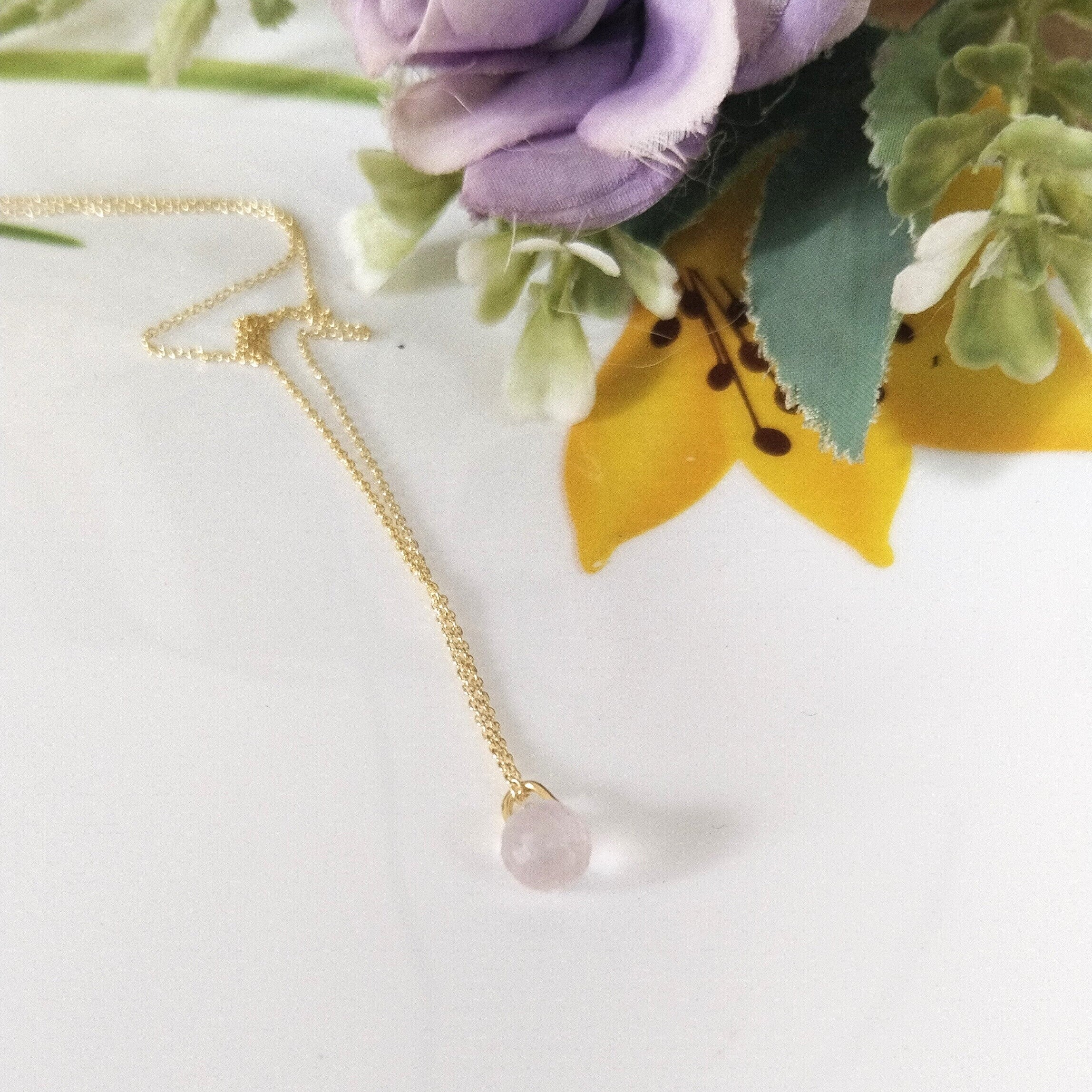 Rose Quartz 14k Gold Necklace, Minimalist Stone Necklace, Gift For Her