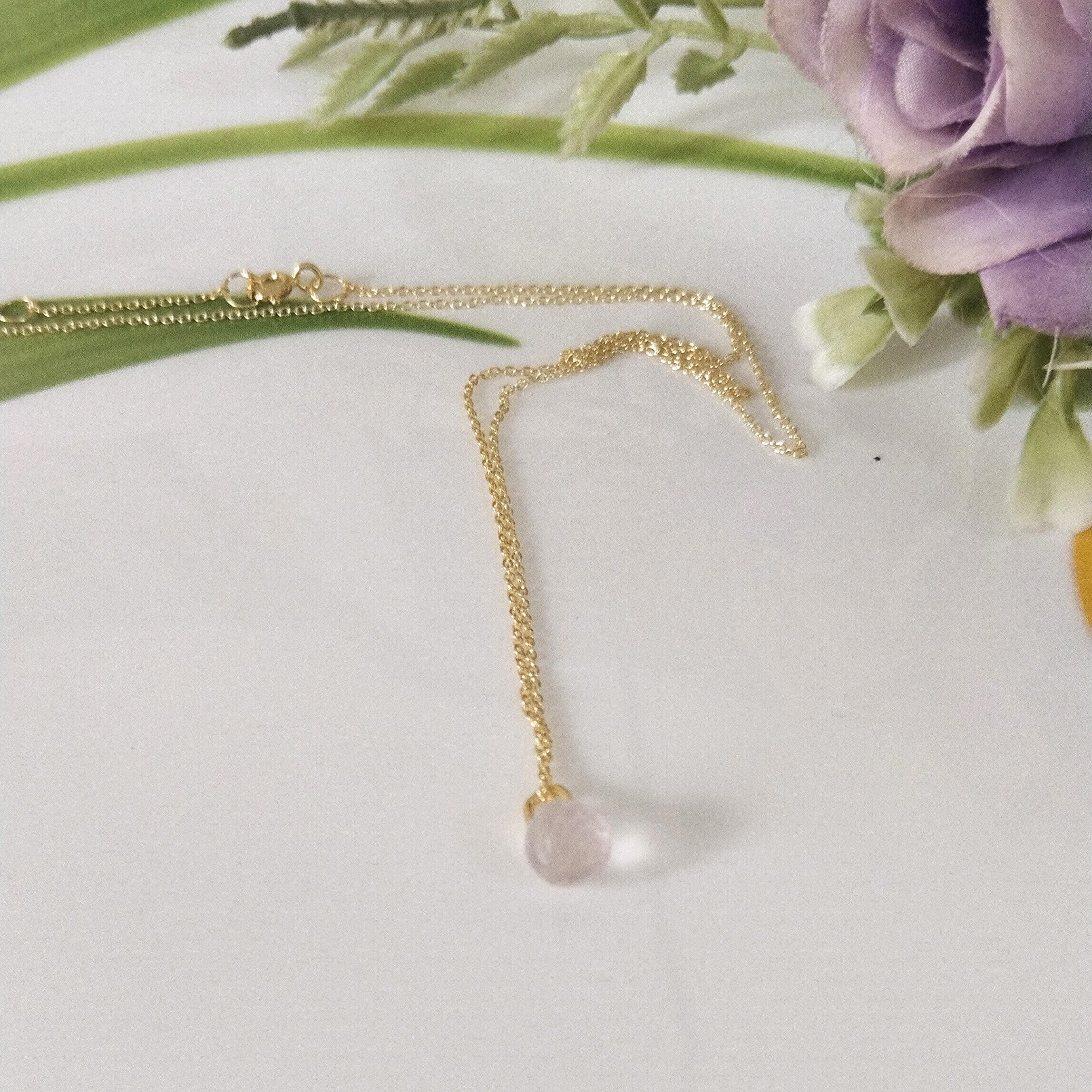 Rose Quartz 14k Gold Necklace, Minimalist Stone Necklace, Gift For Her