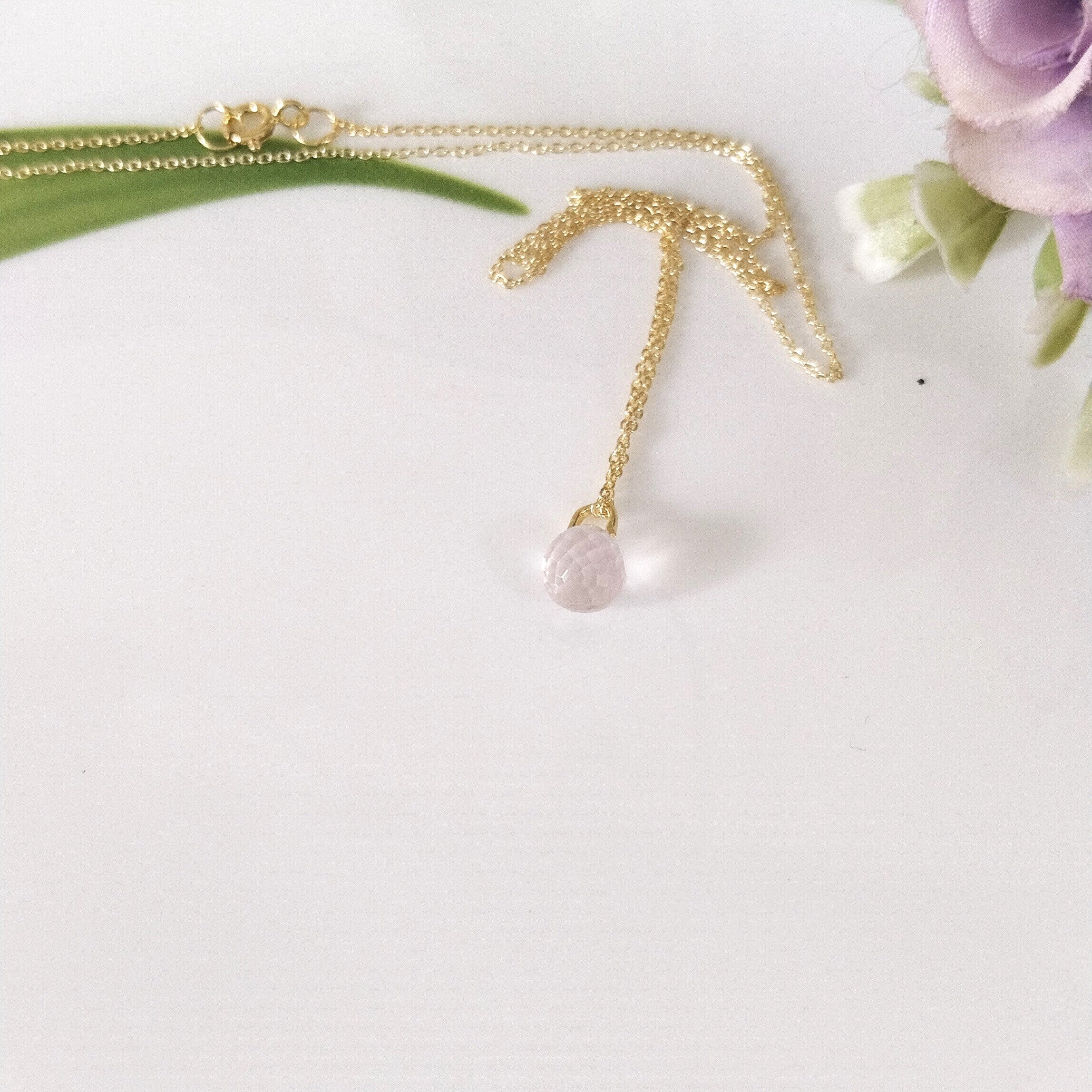 Rose Quartz 14k Gold Necklace, Minimalist Stone Necklace, Gift For Her