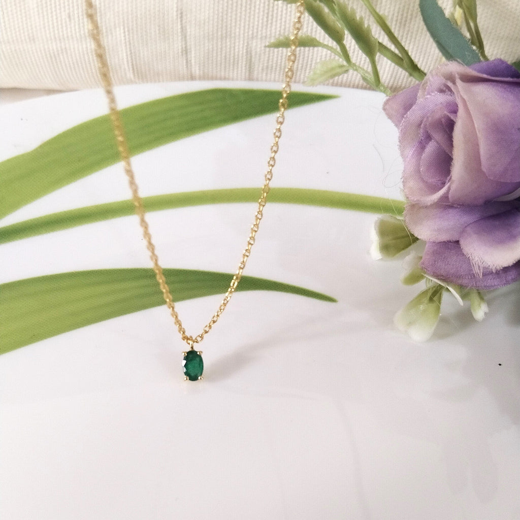 Emerald 14k Gold Necklace, Minimalist Emerald Chain Necklace, Gift For Her