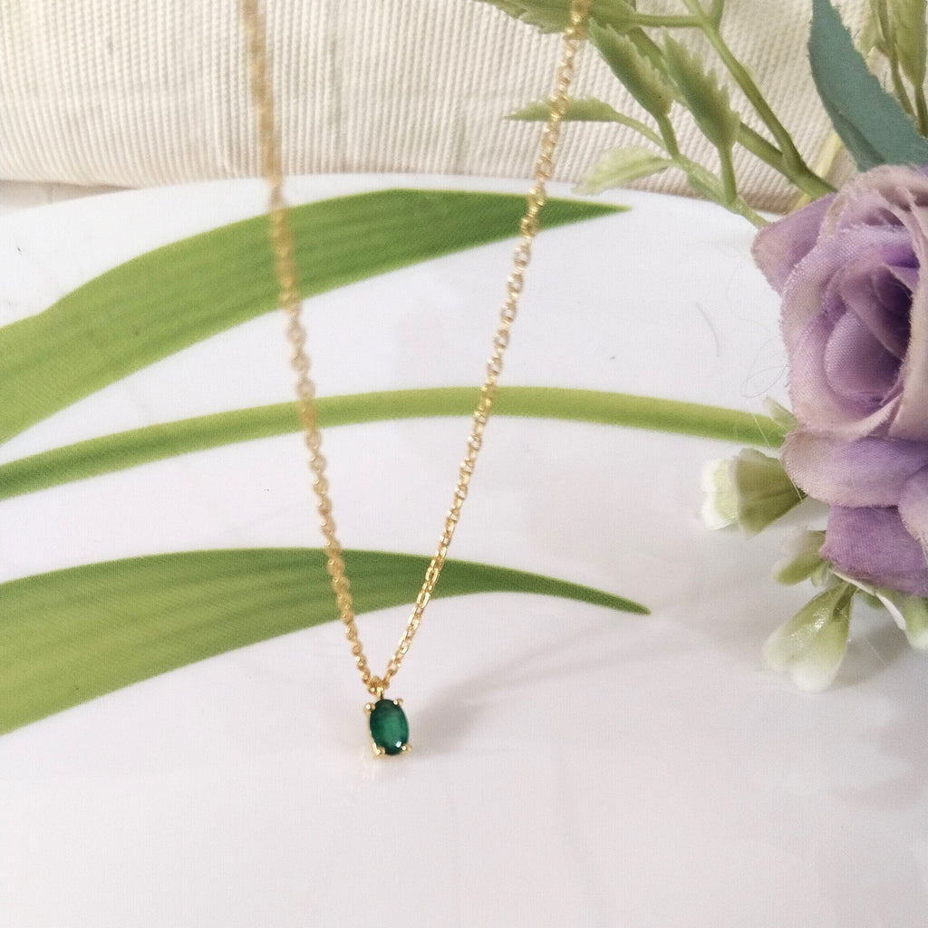 Emerald 14k Gold Necklace, Minimalist Emerald Chain Necklace, Gift For Her
