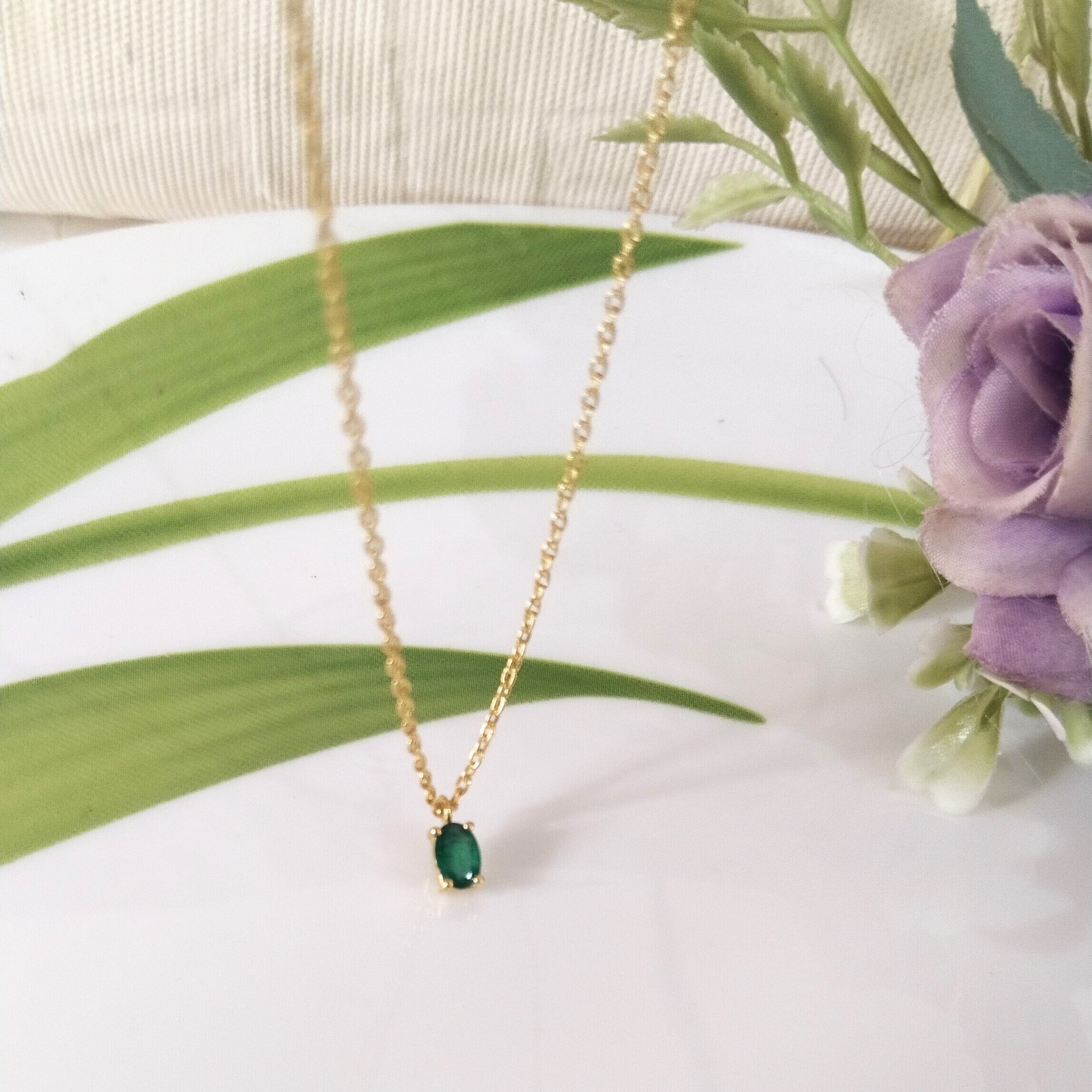Emerald 14k Gold Necklace, Minimalist Emerald Chain Necklace, Gift For Her