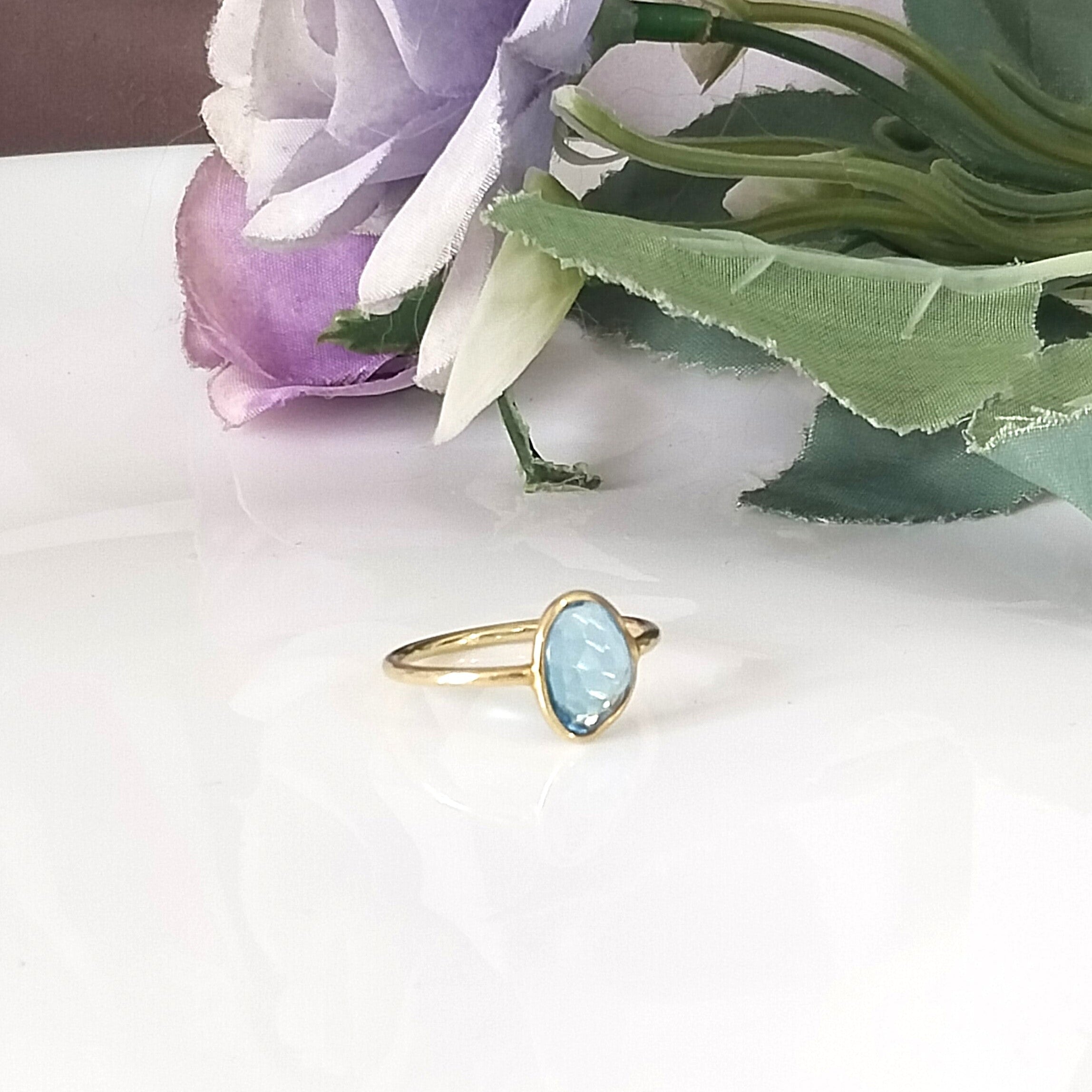 Blue Topaz 14k Gold Ring, Minimalist Stone Ring, Gift For Her, Personalized Gift