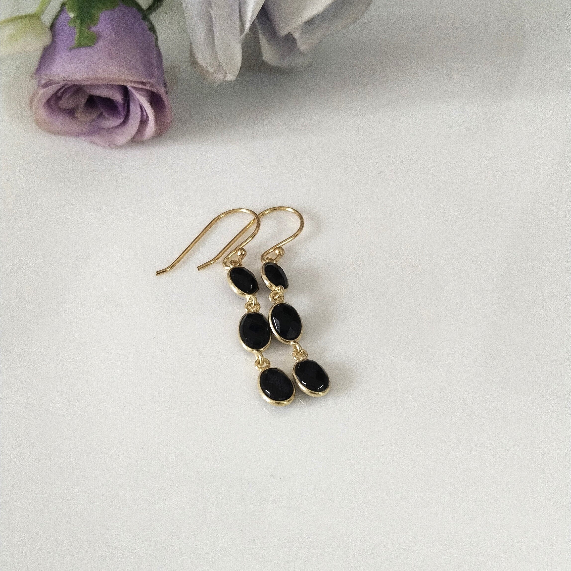 Black Onyx Minimalist Earrings, 14k Gold Earrings, Bezel Setting Earrings