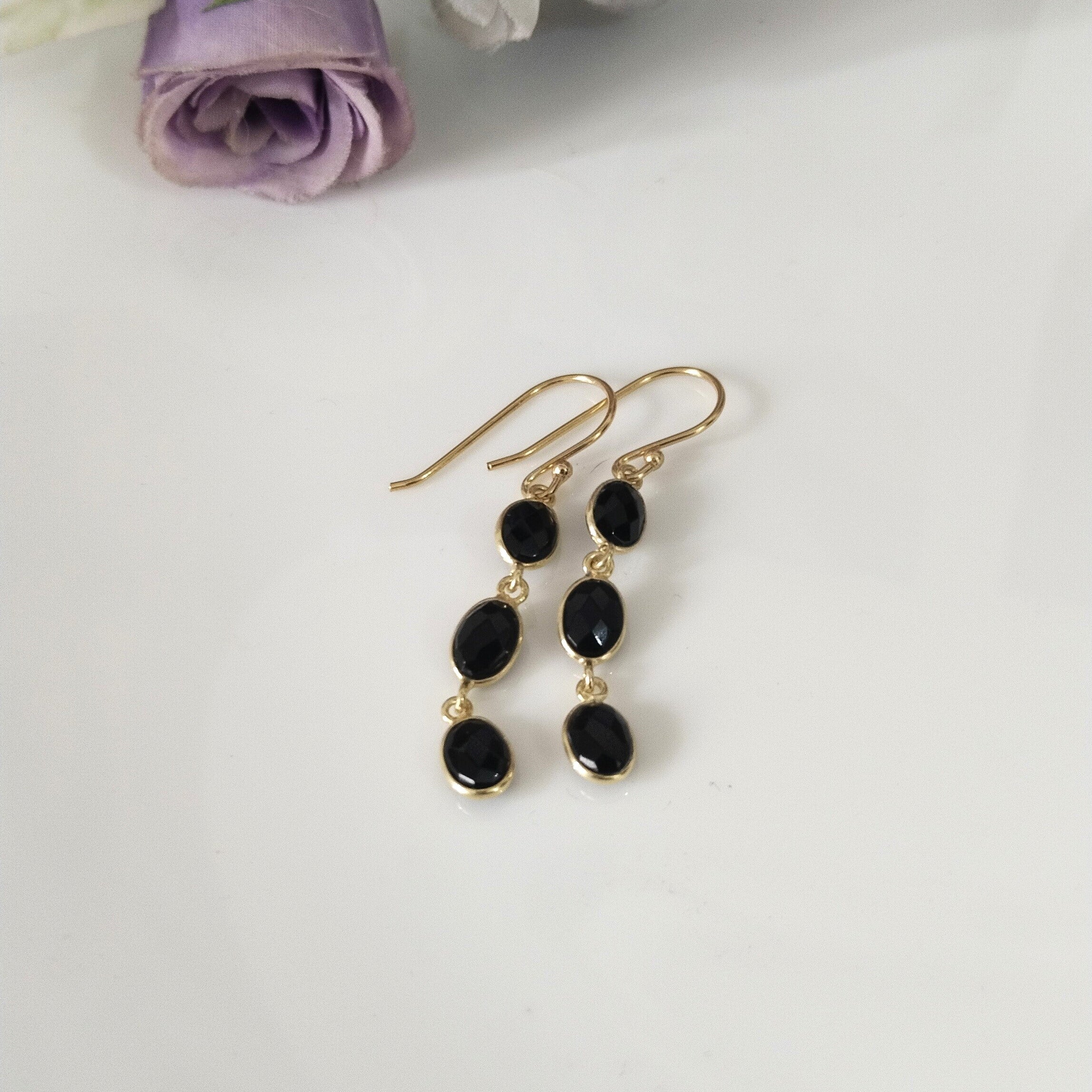 Black Onyx Minimalist Earrings, 14k Gold Earrings, Bezel Setting Earrings