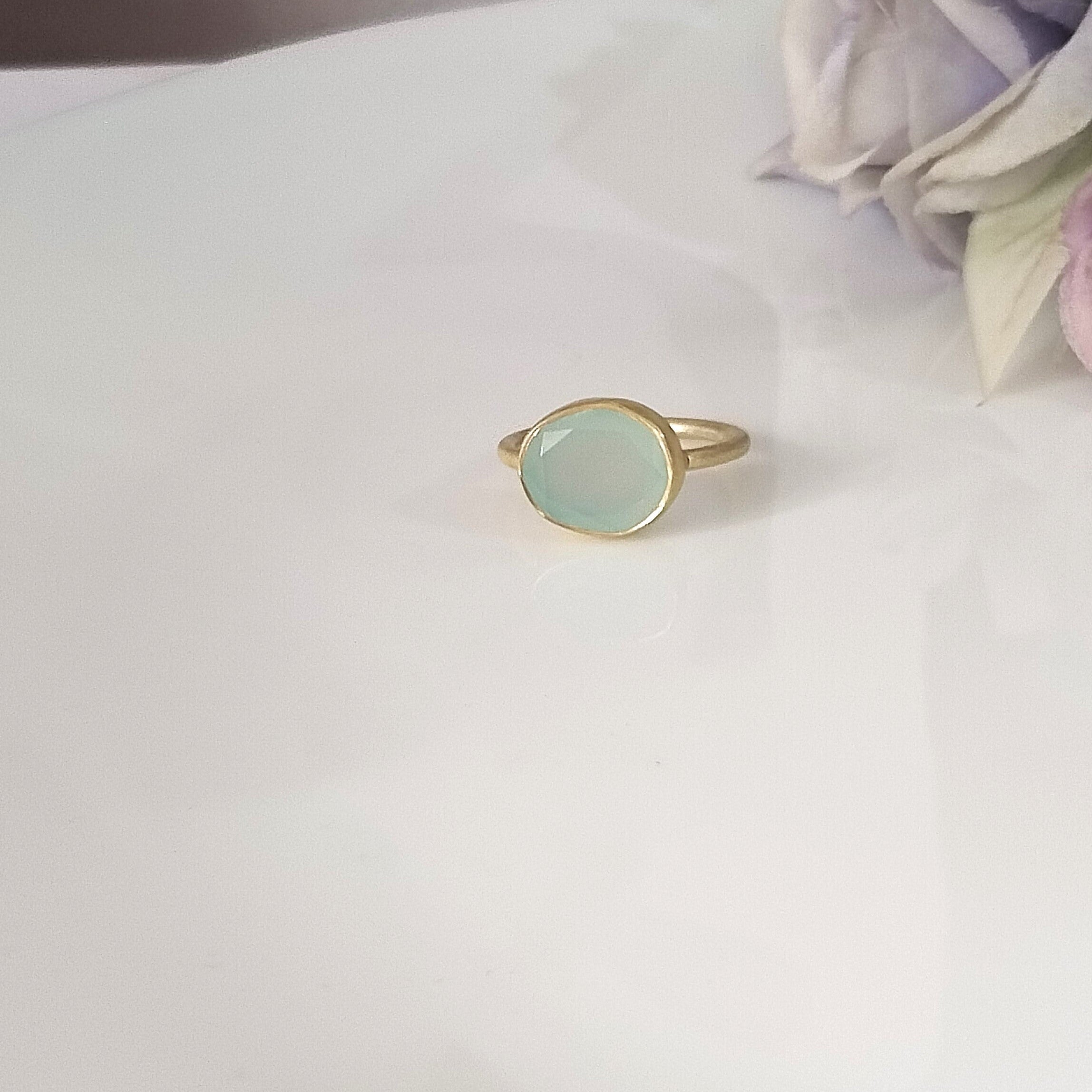 Blue Chalcedony 14k Gold Ring, Minimalist Stone Ring, Personalized Gift