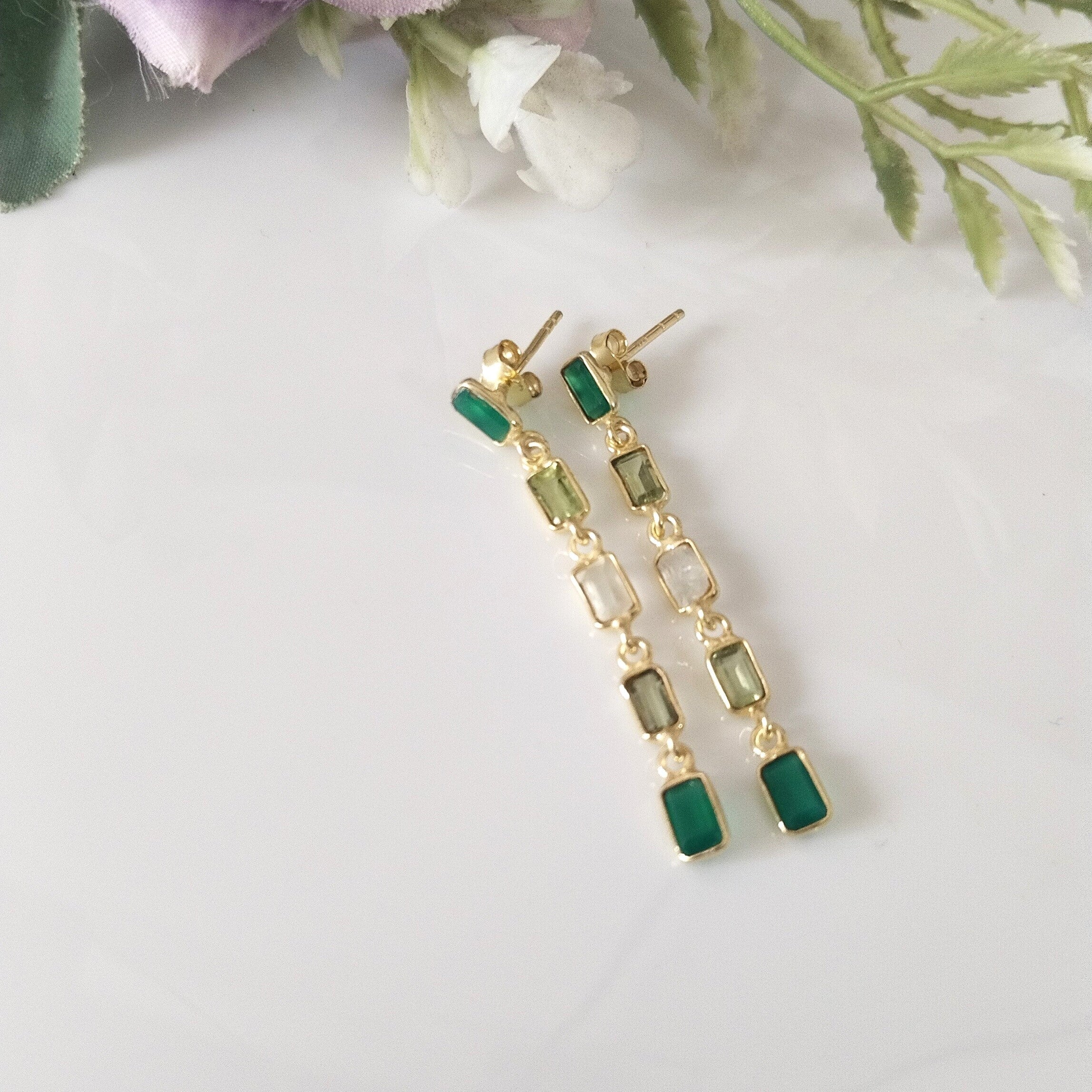 Multi Stone Baguette earrings, 14k Gold Earrings, Gift For Her