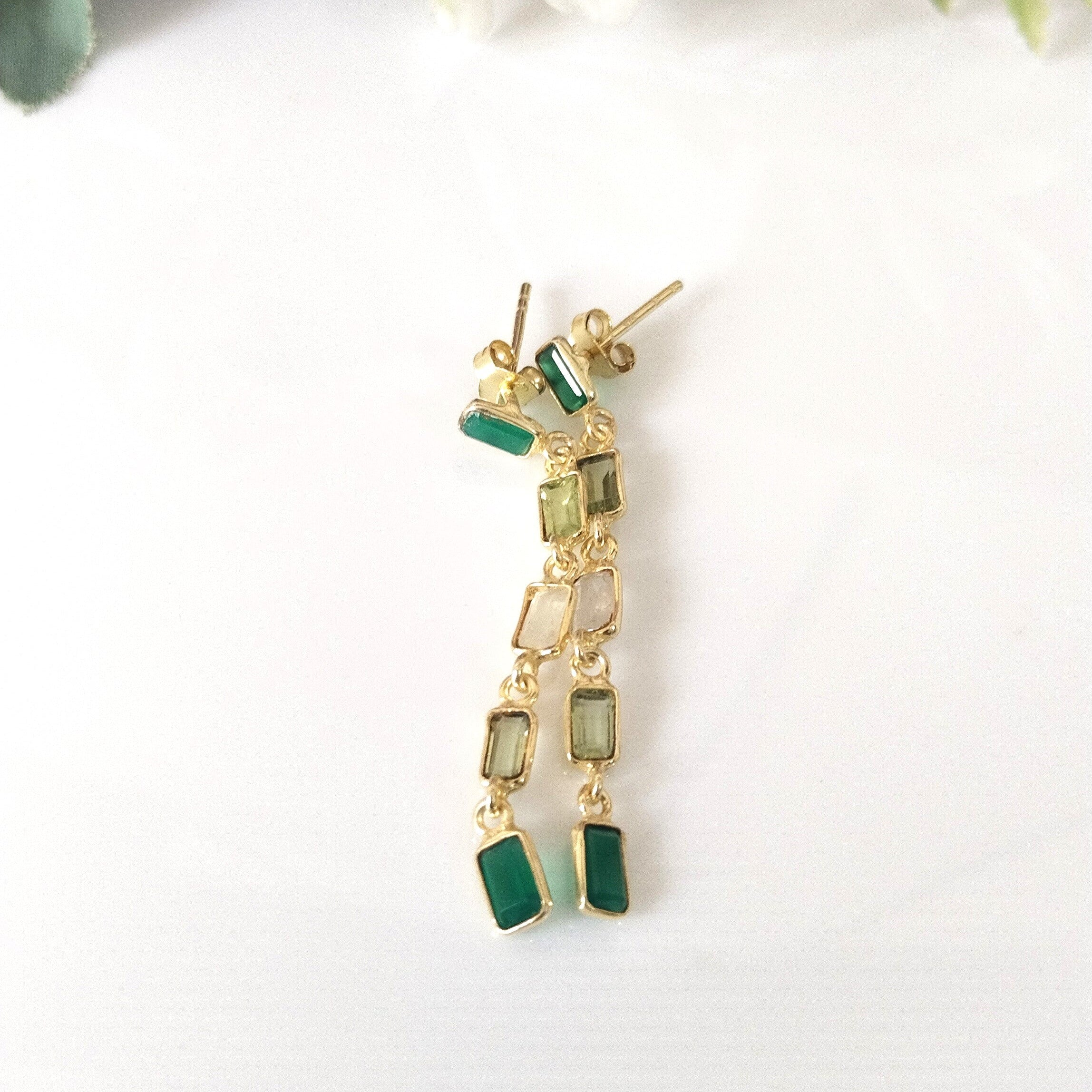Multi Stone Baguette earrings, 14k Gold Earrings, Gift For Her