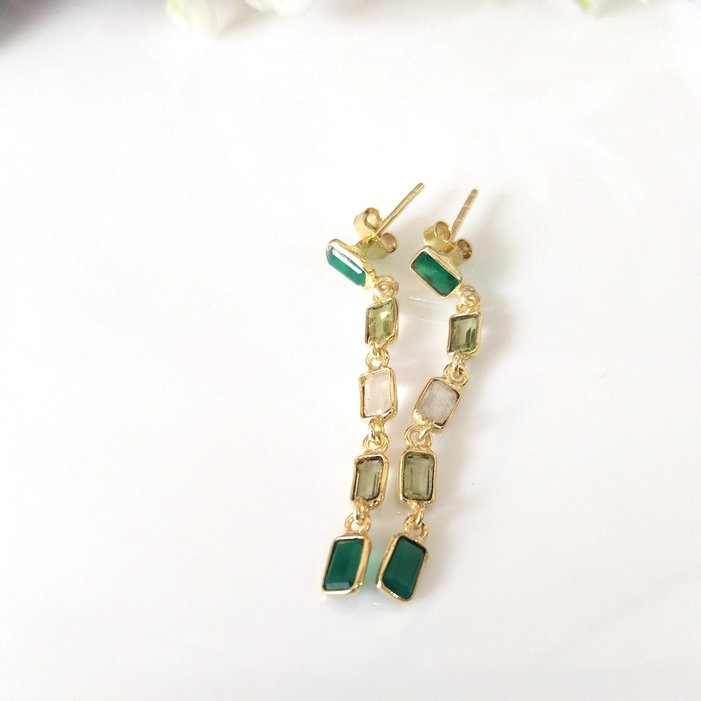 Multi Stone Baguette earrings, 14k Gold Earrings, Gift For Her
