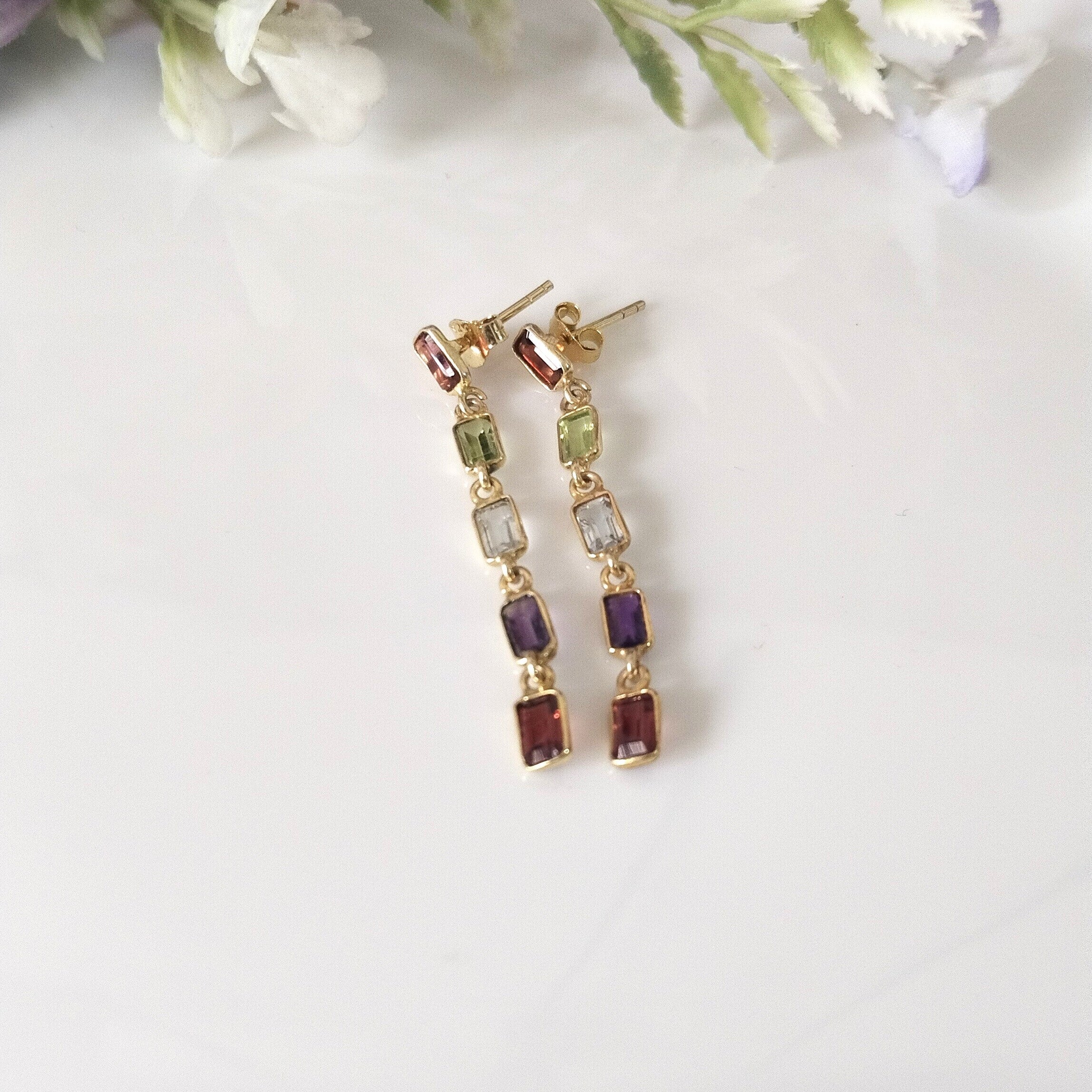 Multi Stone Baguette Earring, 14k Gold Earrings