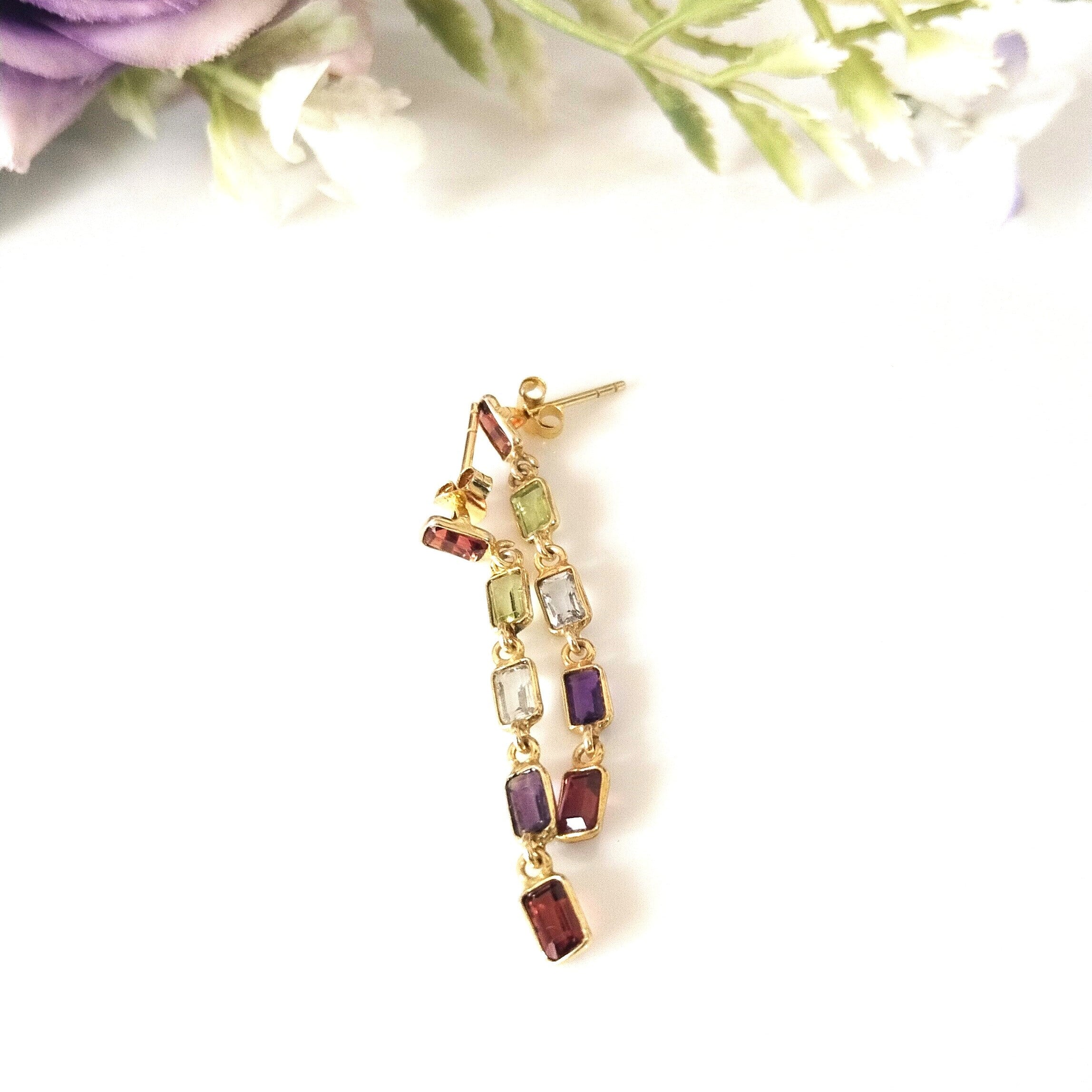 Multi Stone Baguette Earring, 14k Gold Earrings