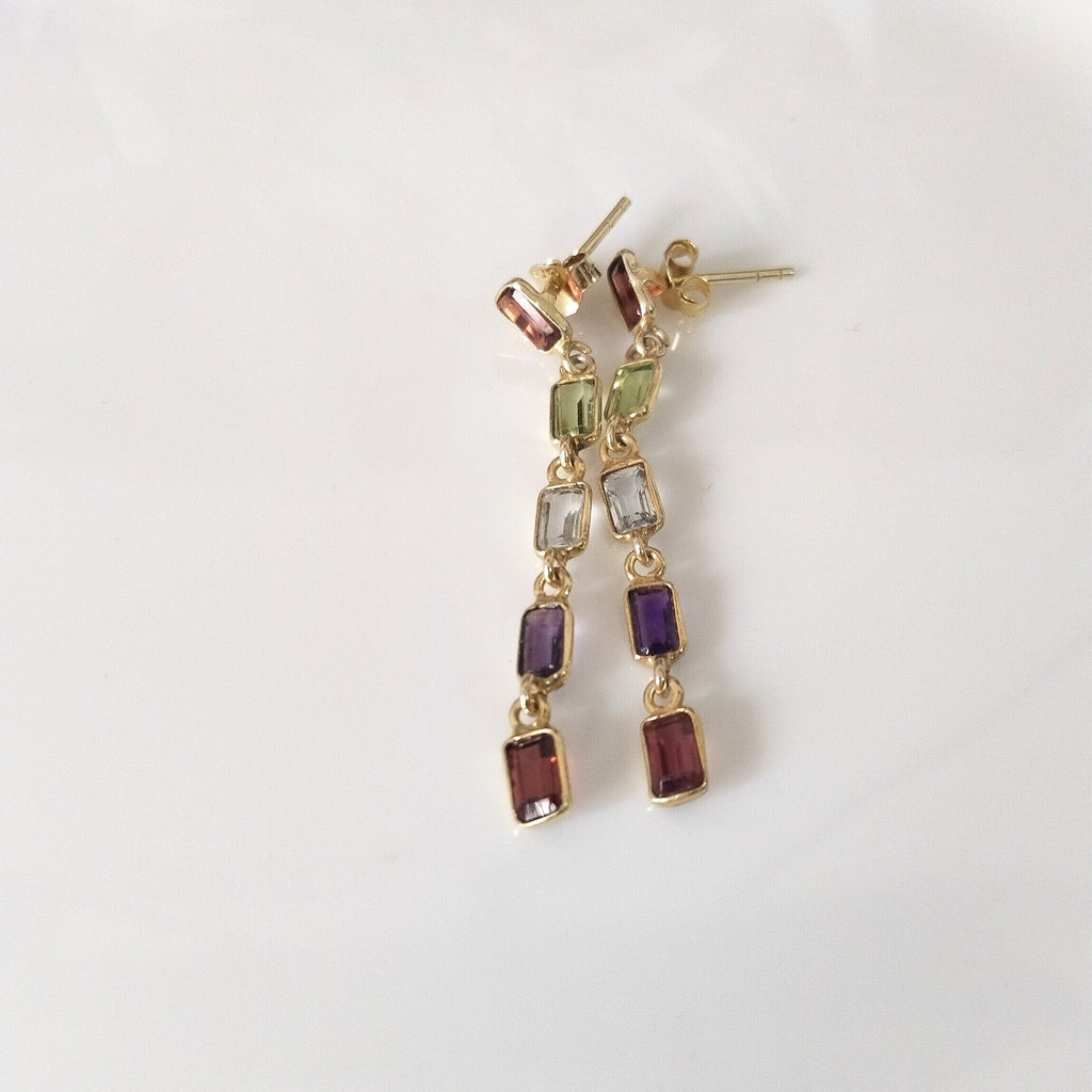 Multi Stone Baguette Earring, 14k Gold Earrings