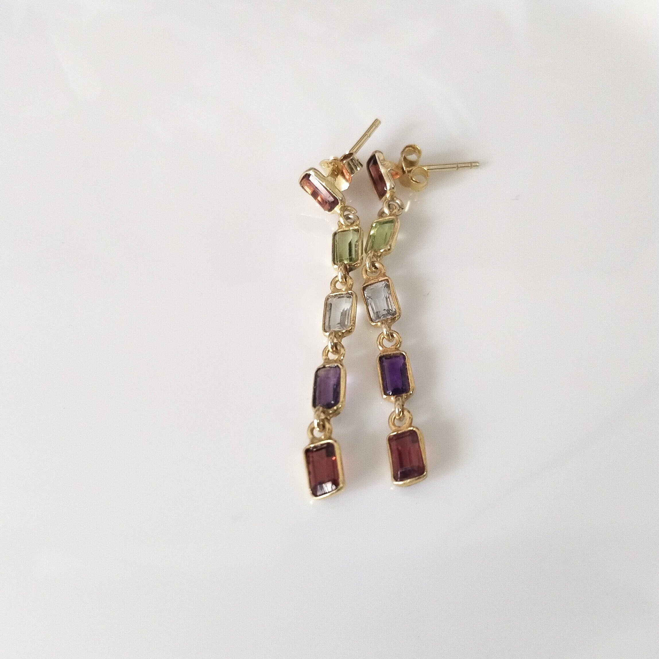 Multi Stone Baguette Earring, 14k Gold Earrings
