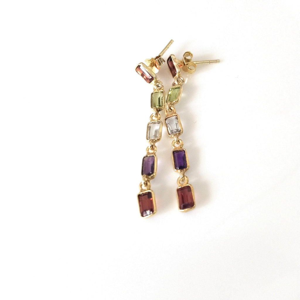 Multi Stone Baguette Earring, 14k Gold Earrings