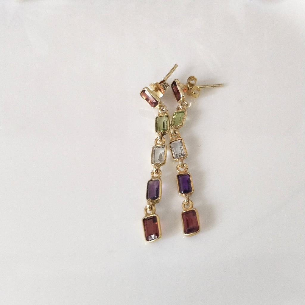 Multi Stone Baguette Earring, 14k Gold Earrings